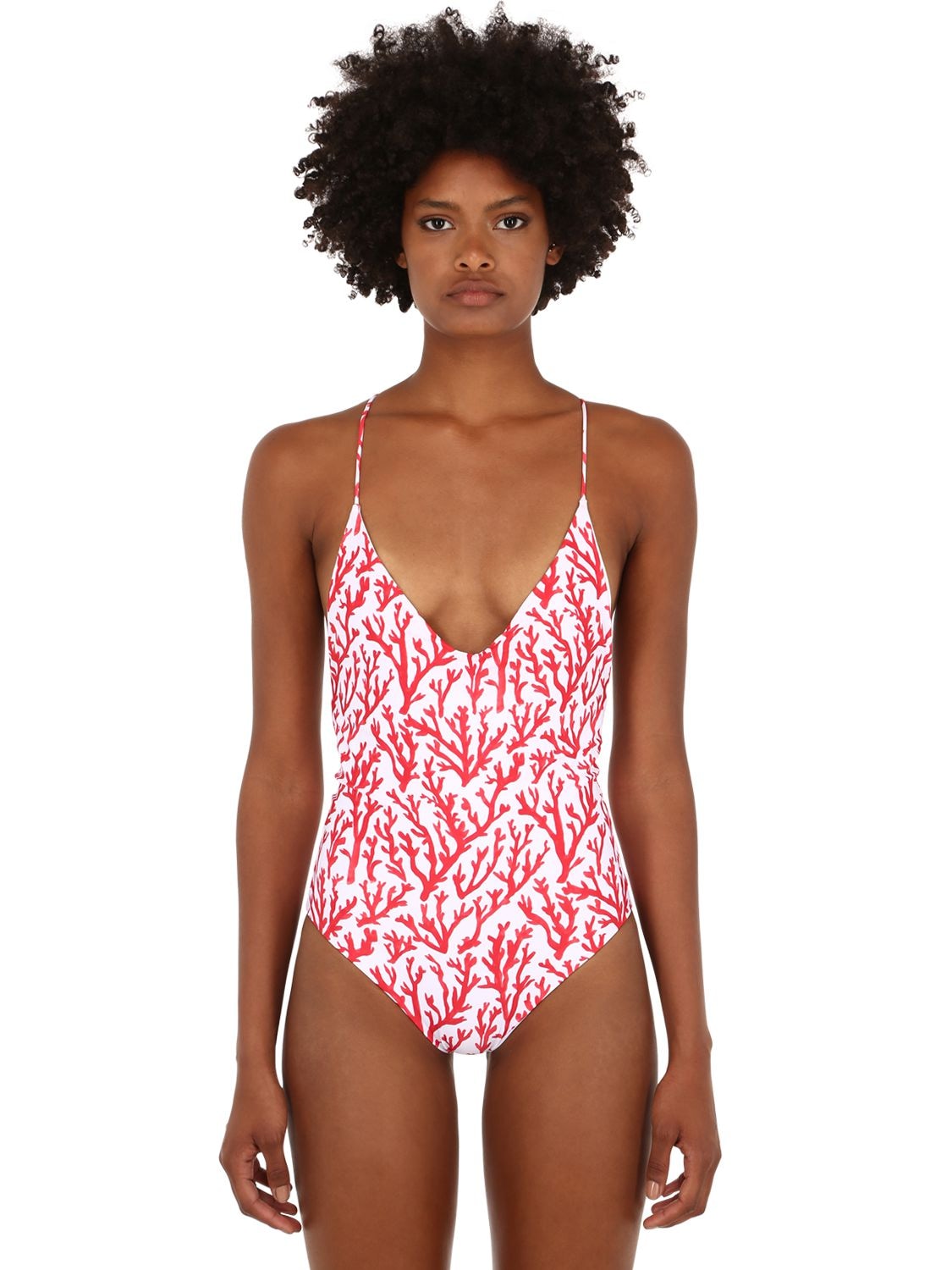 Alicia Swim Coral Print Lycra One Piece Swimsuit In Red,white