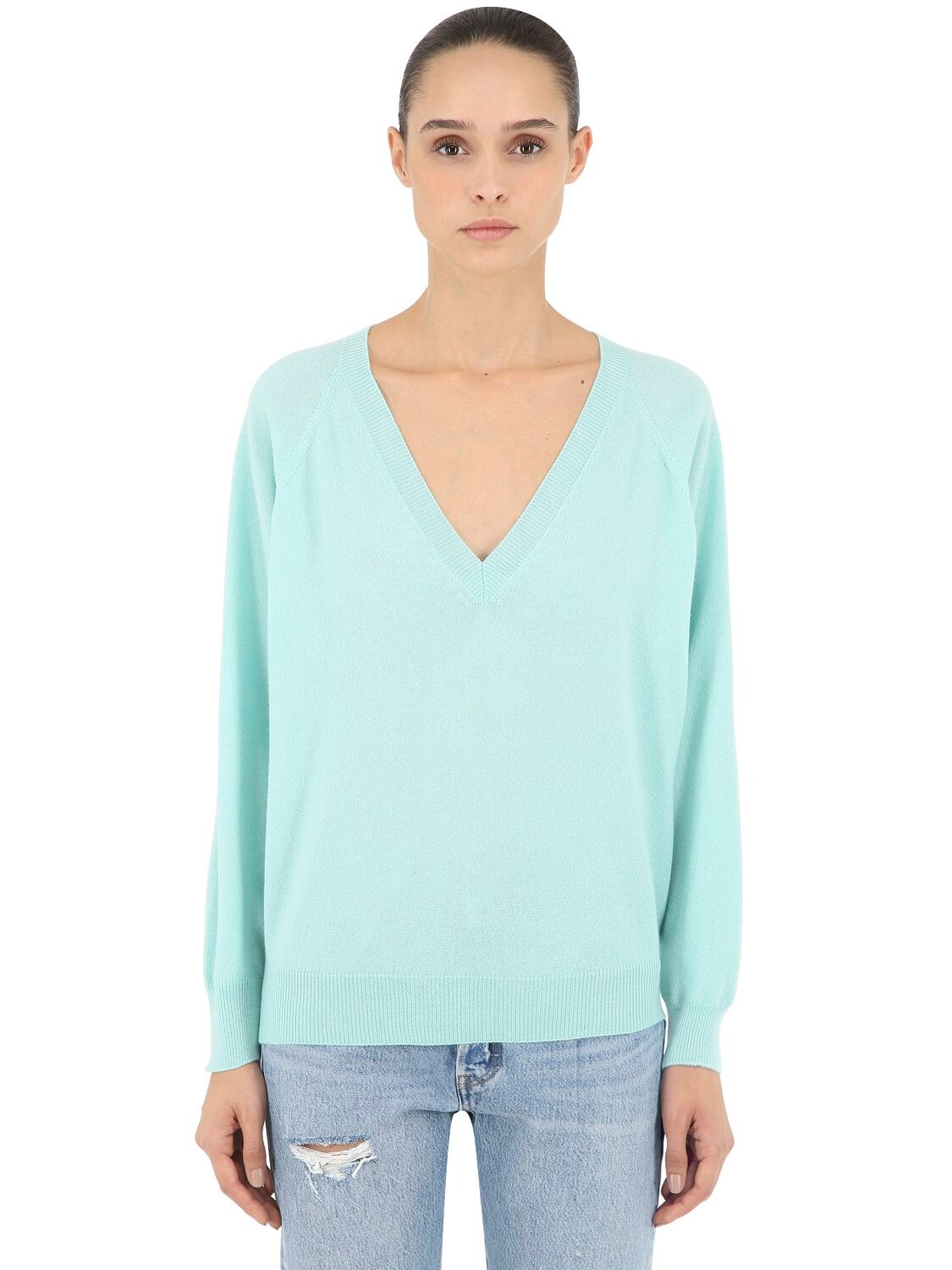 Luisa Via Roma V Neck Cashmere Knit Sweater In Green