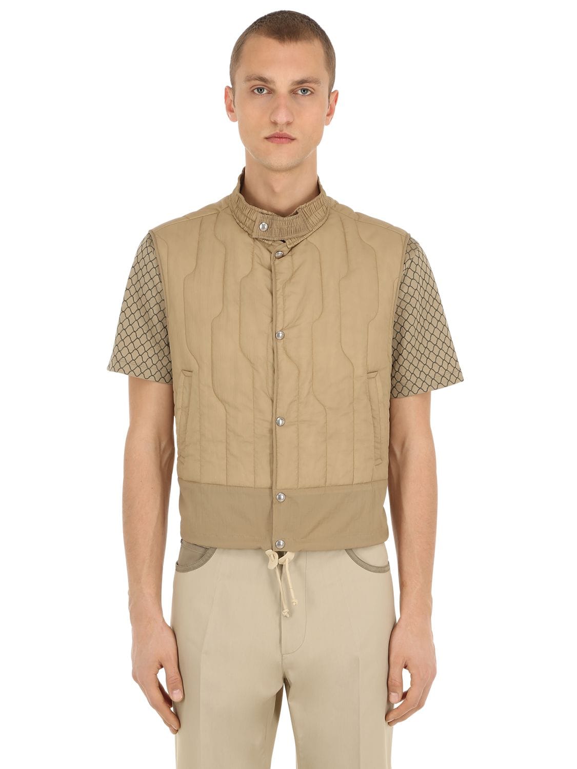 Ferragamo High Collar Quilted Tech Vest In Beige