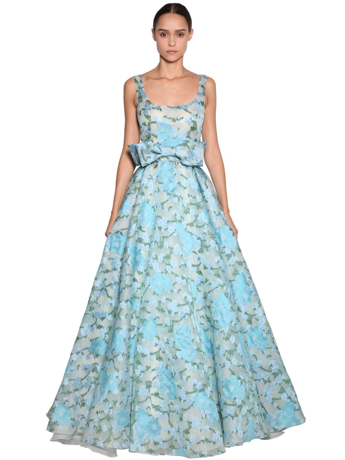 Luisa Beccaria Embroidered Organza Long Dress In Light Blue