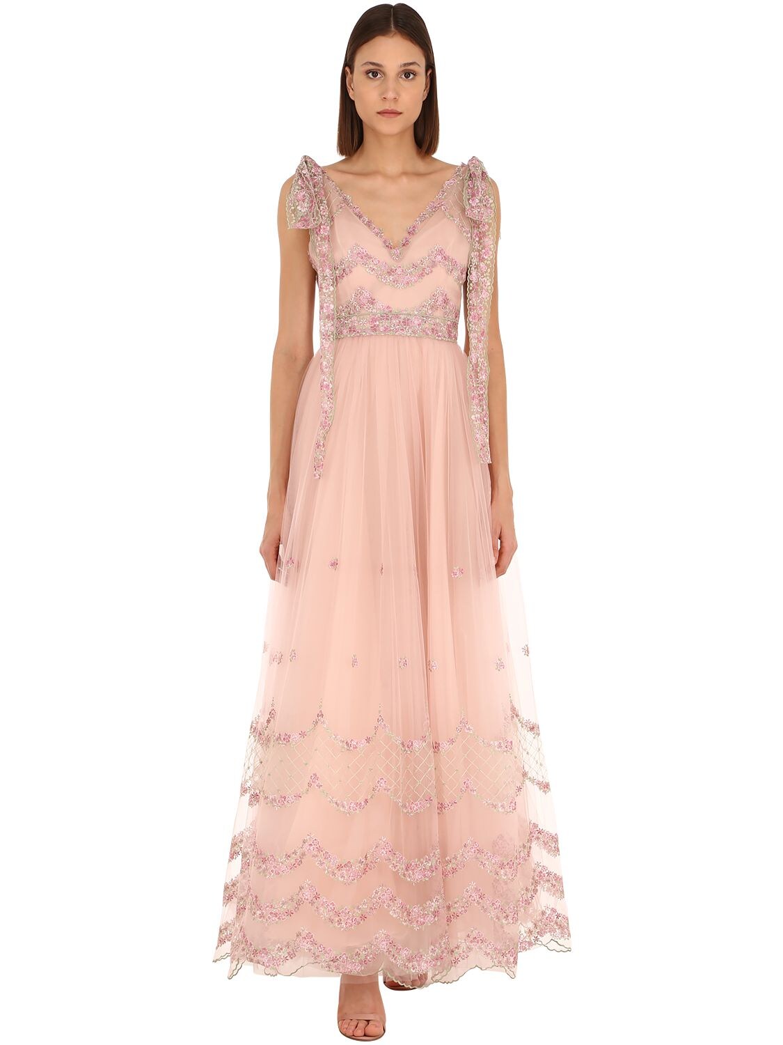 Luisa Beccaria Embroidered Tulle Long Dress In Pink
