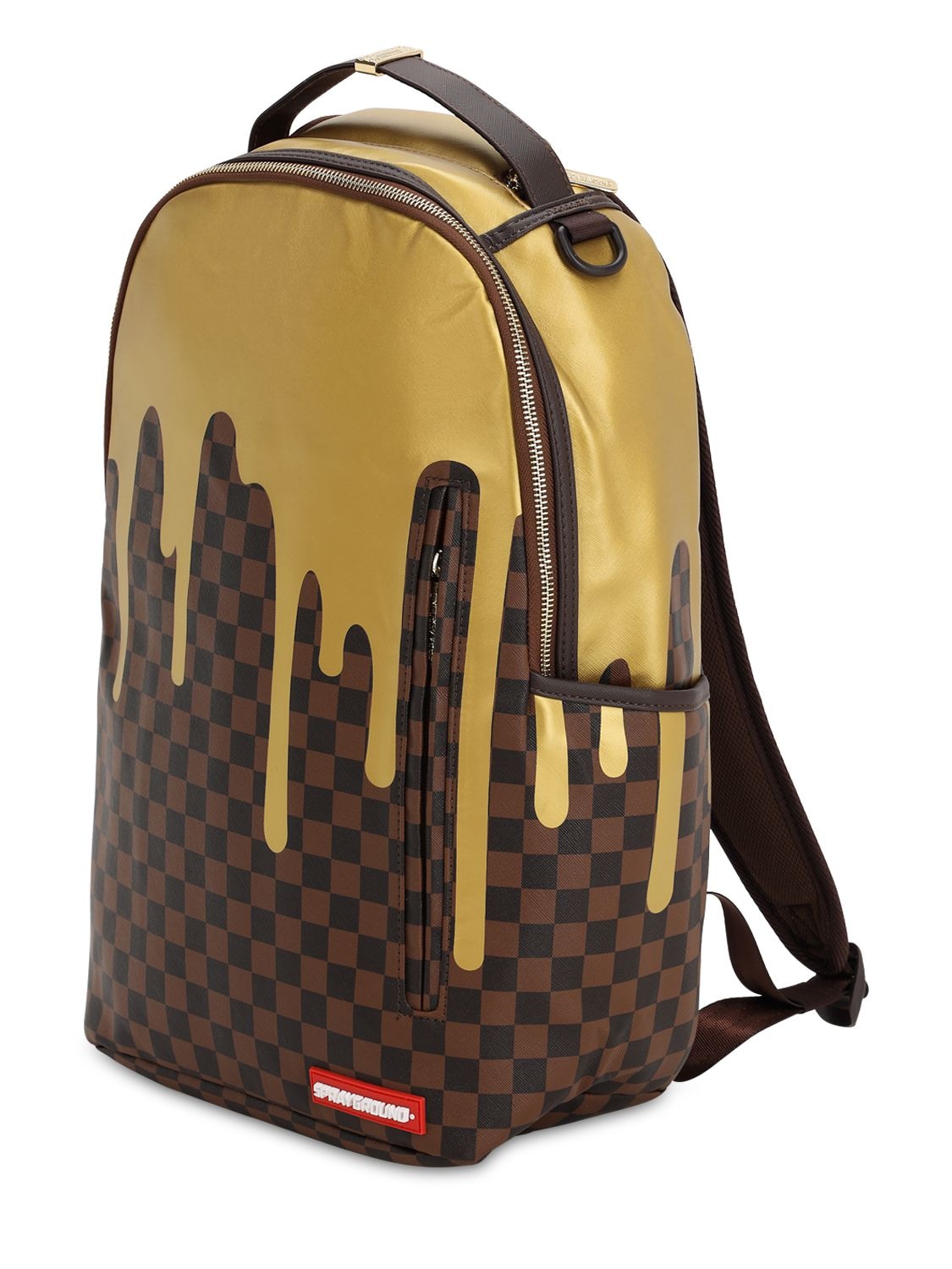 Sprayground Gold Checkered Faux Leather Backpack In Gold,brown
