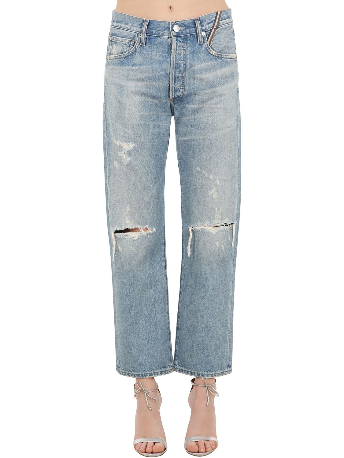 Jean Atelier Cropped Distressed Cotton Denim Jeans In Light Blue