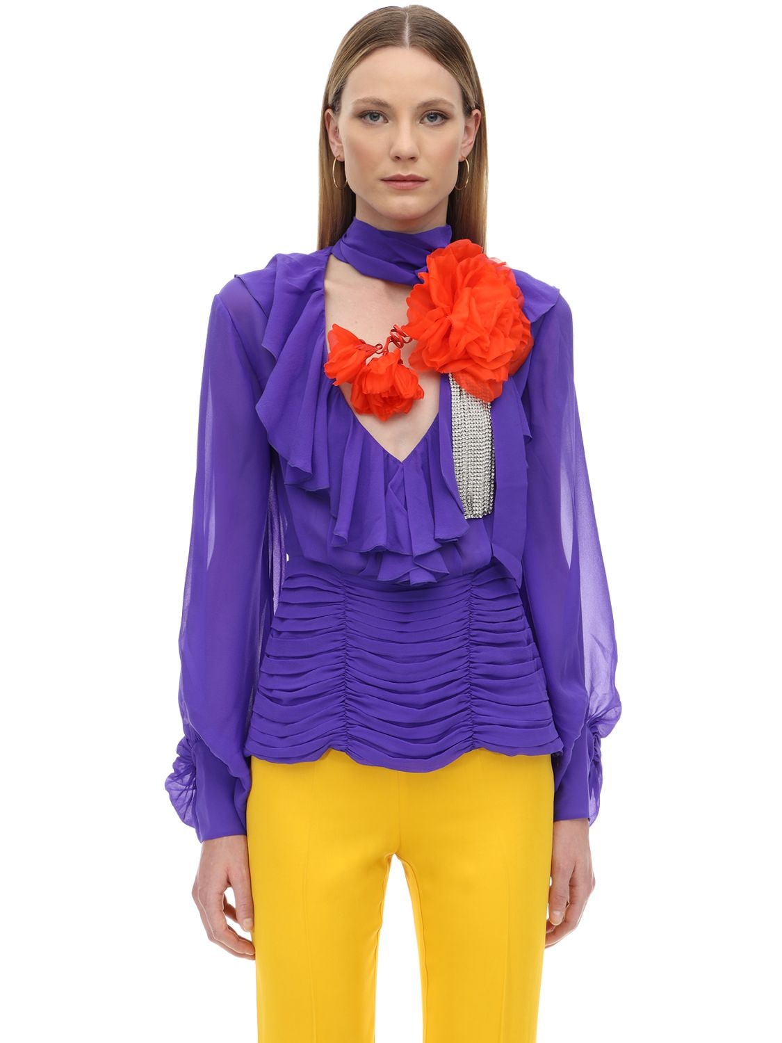 Marianna Senchina Ruffled Silk Shirt W/ Flower Crystal In Violet