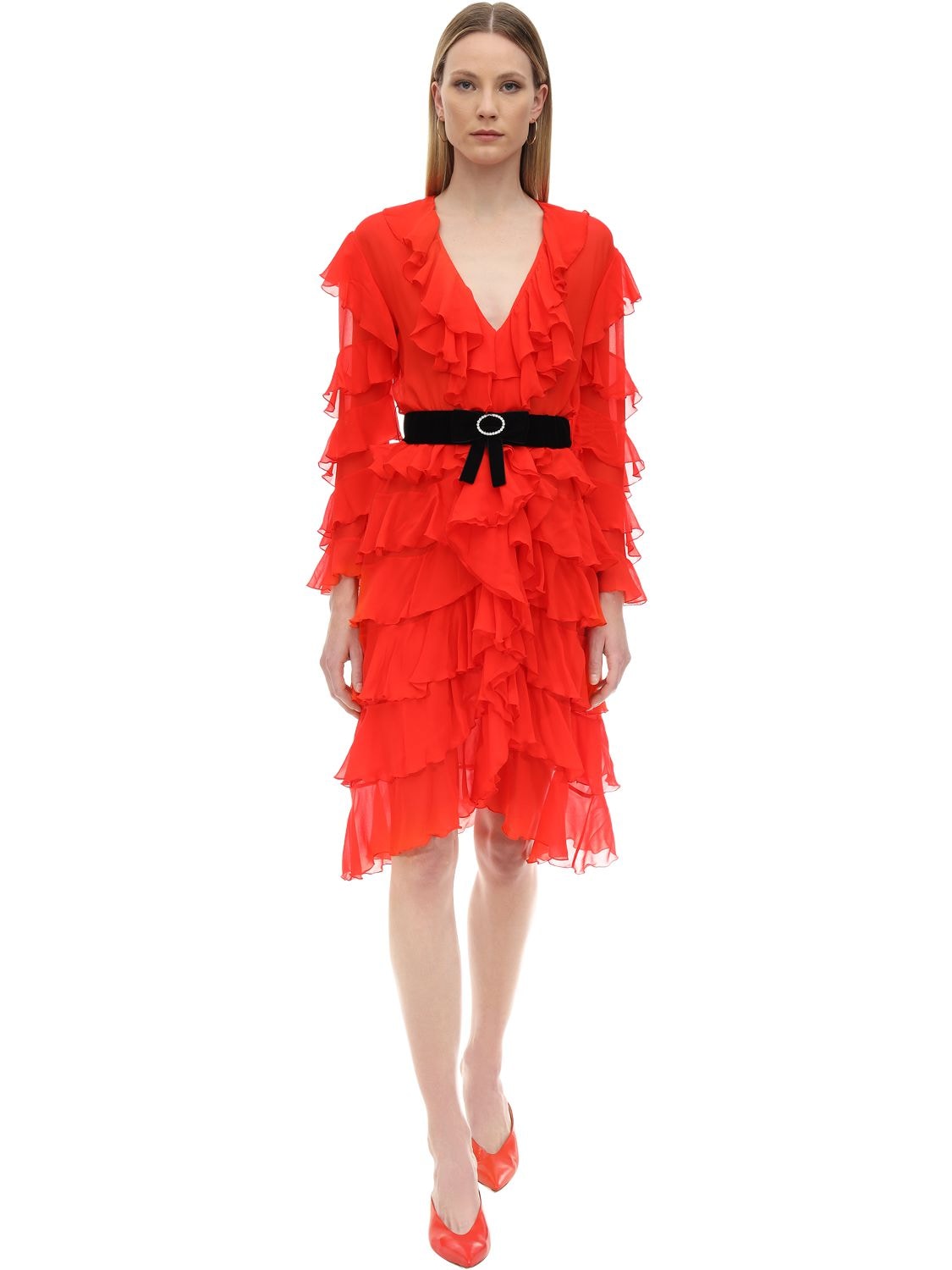 Marianna Senchina Ruffled Silk Midi Dress In Red