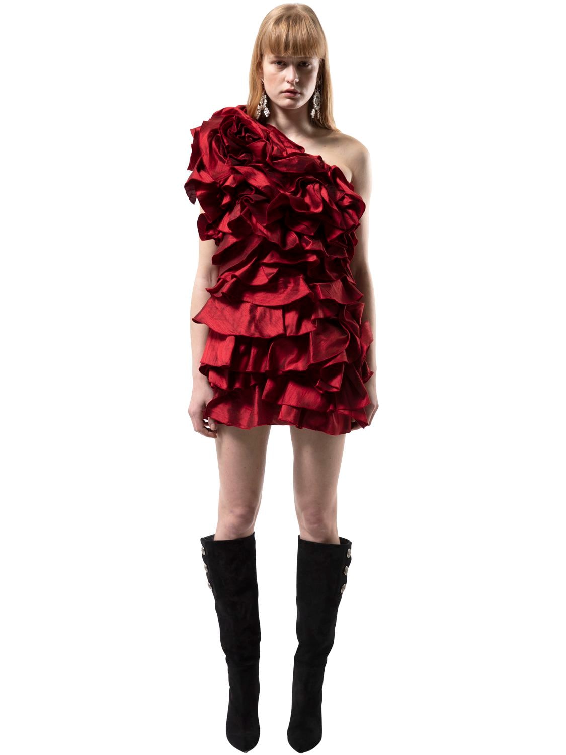 Raisa Vanessa One Shoulder Ruffled Organza Mini Dress In Red