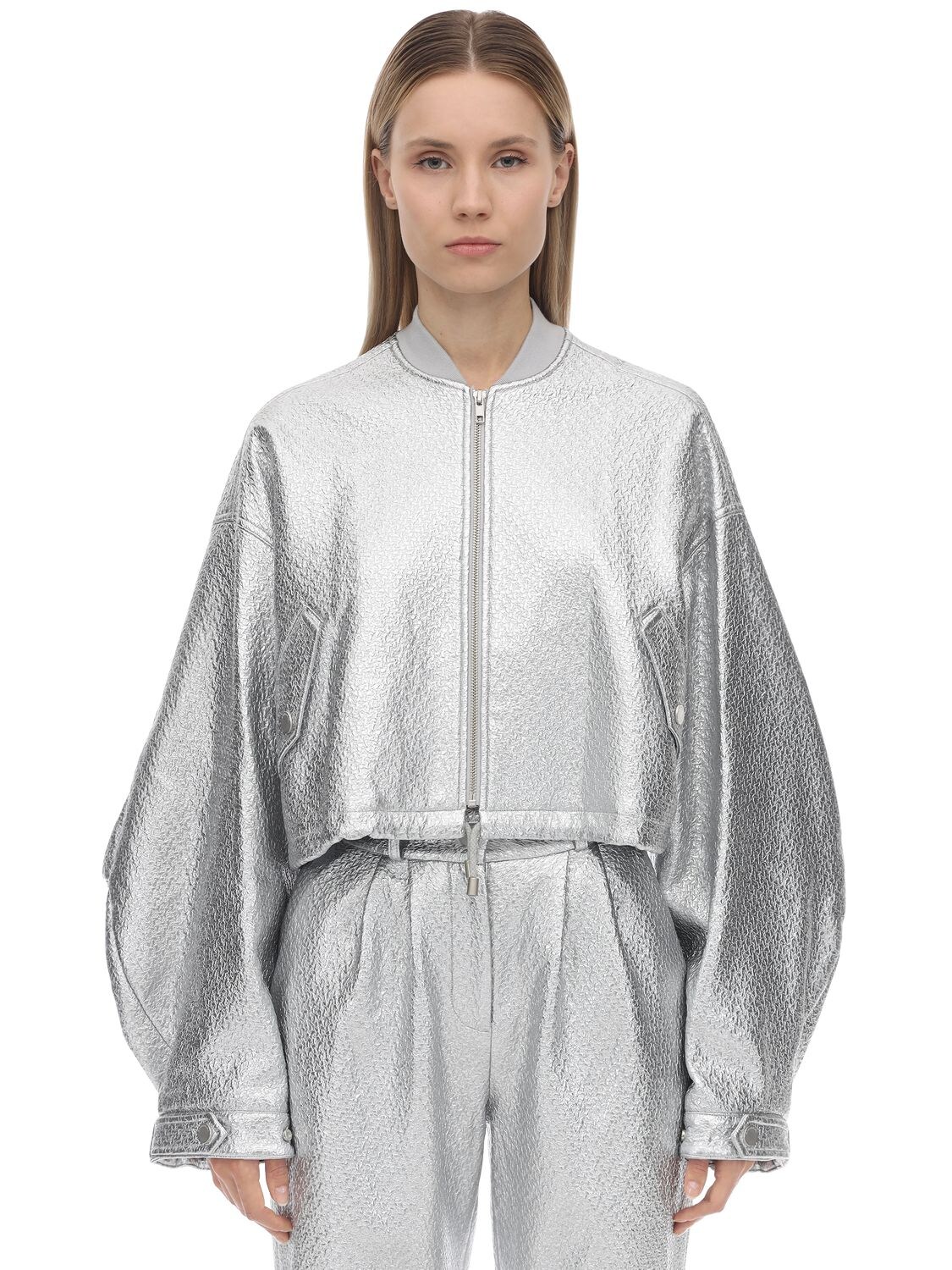 Annakiki Oversized Faux Patent Leather Jacket In Silver