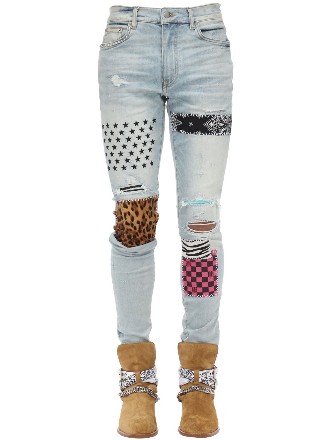 amiri 15cm patchwork cotton denim jeans