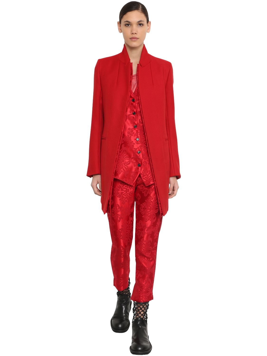 Ann Demeulemeester Short Virgin Wool Coat W/jacquard Detail In Red