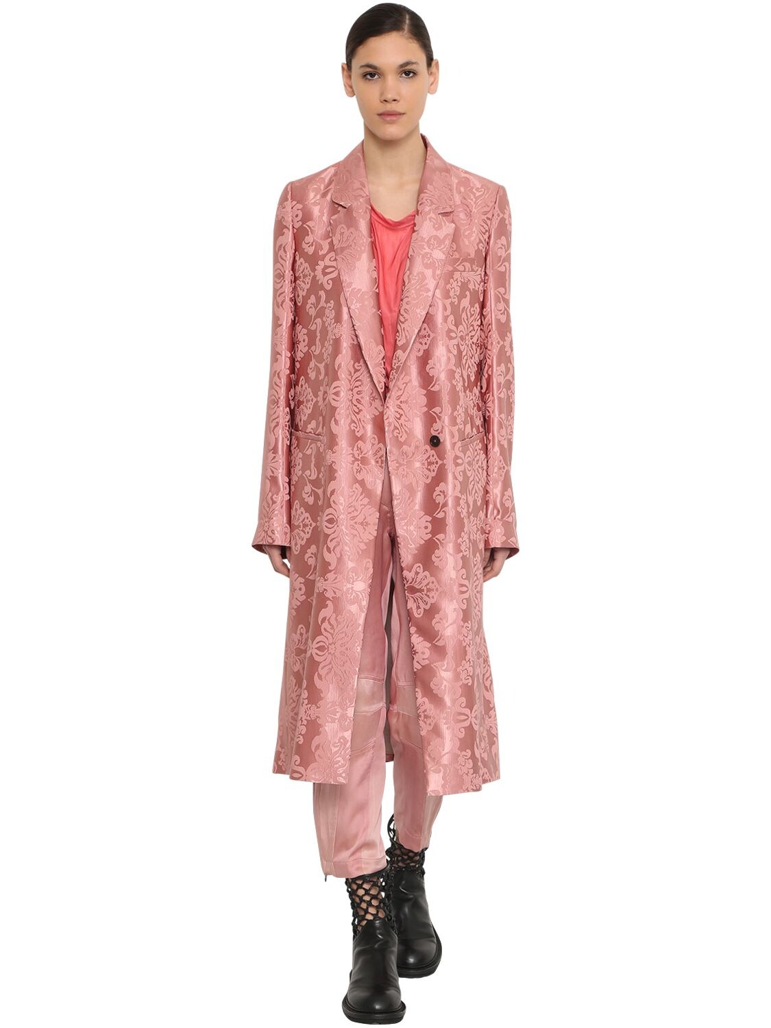 Ann Demeulemeester Double Breasted Satin Jacquard Coat In Pink