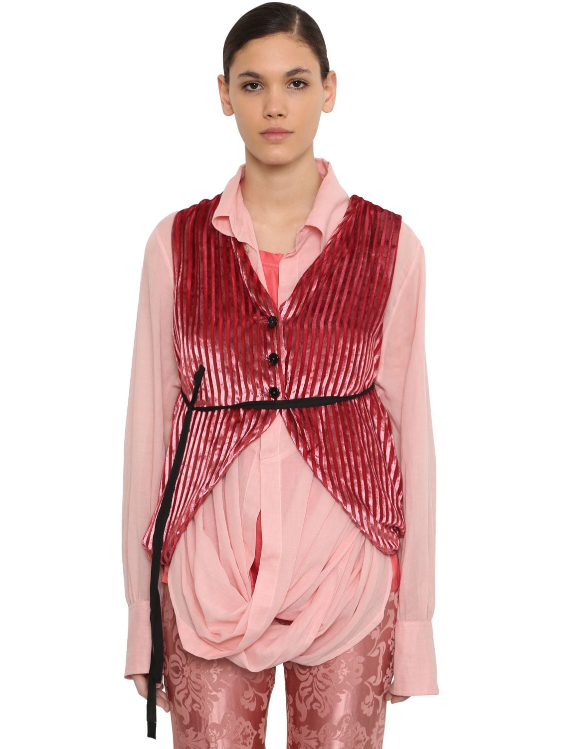Ann Demeulemeester V Neck Draped Velvet Corduroy Waistcoat In Pink