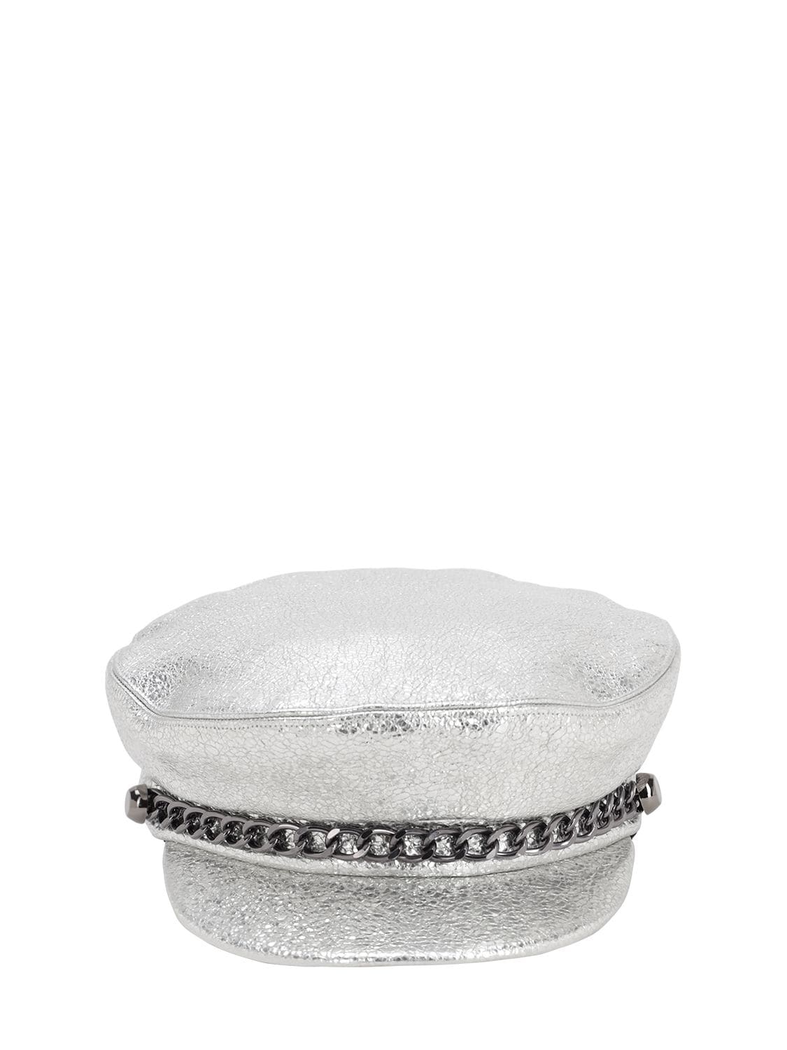 Eugenia Kim Marina Metallic Leather Hat W/chain In Silver