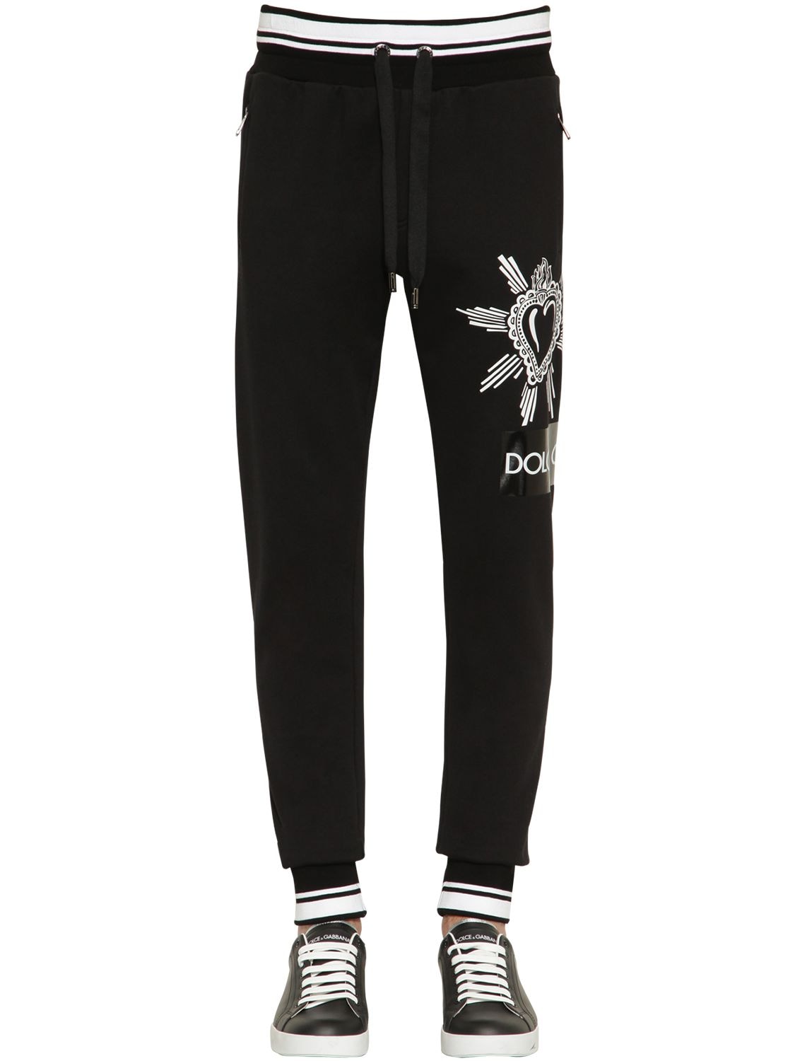 Dolce & Gabbana Tape Print Cotton Jersey Sweatpants In Black