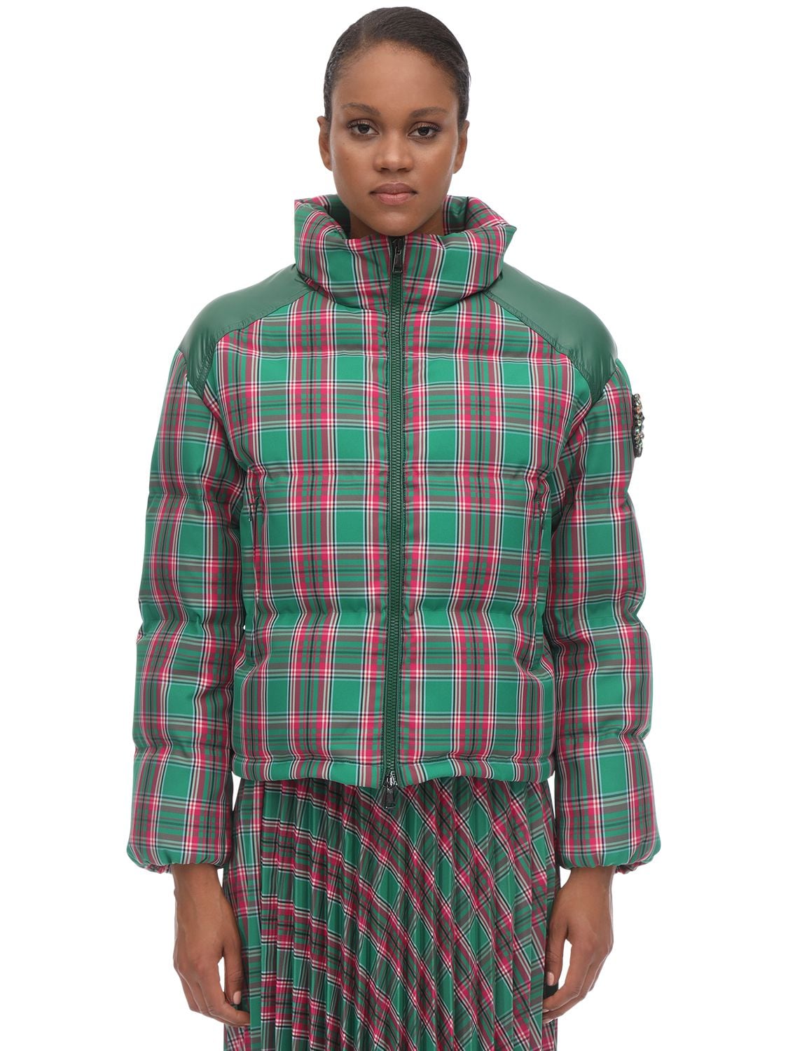 Moncler Chou Plaid Puffer Jacket W/ Contrast Shoulders In Green