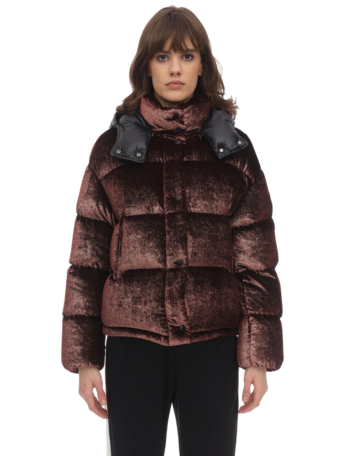 Moncler Caille Glitter Velvet Quilted Down Puffer Coat In Rose Gold