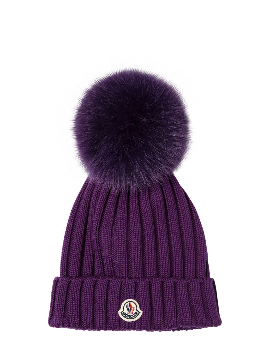 Moncler Wool Knit Hat W/ Fur Pompom In Purple