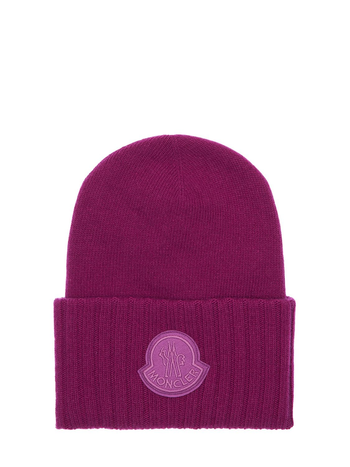 Moncler Logo Wool Tricot Knit Hat In Fuchsia