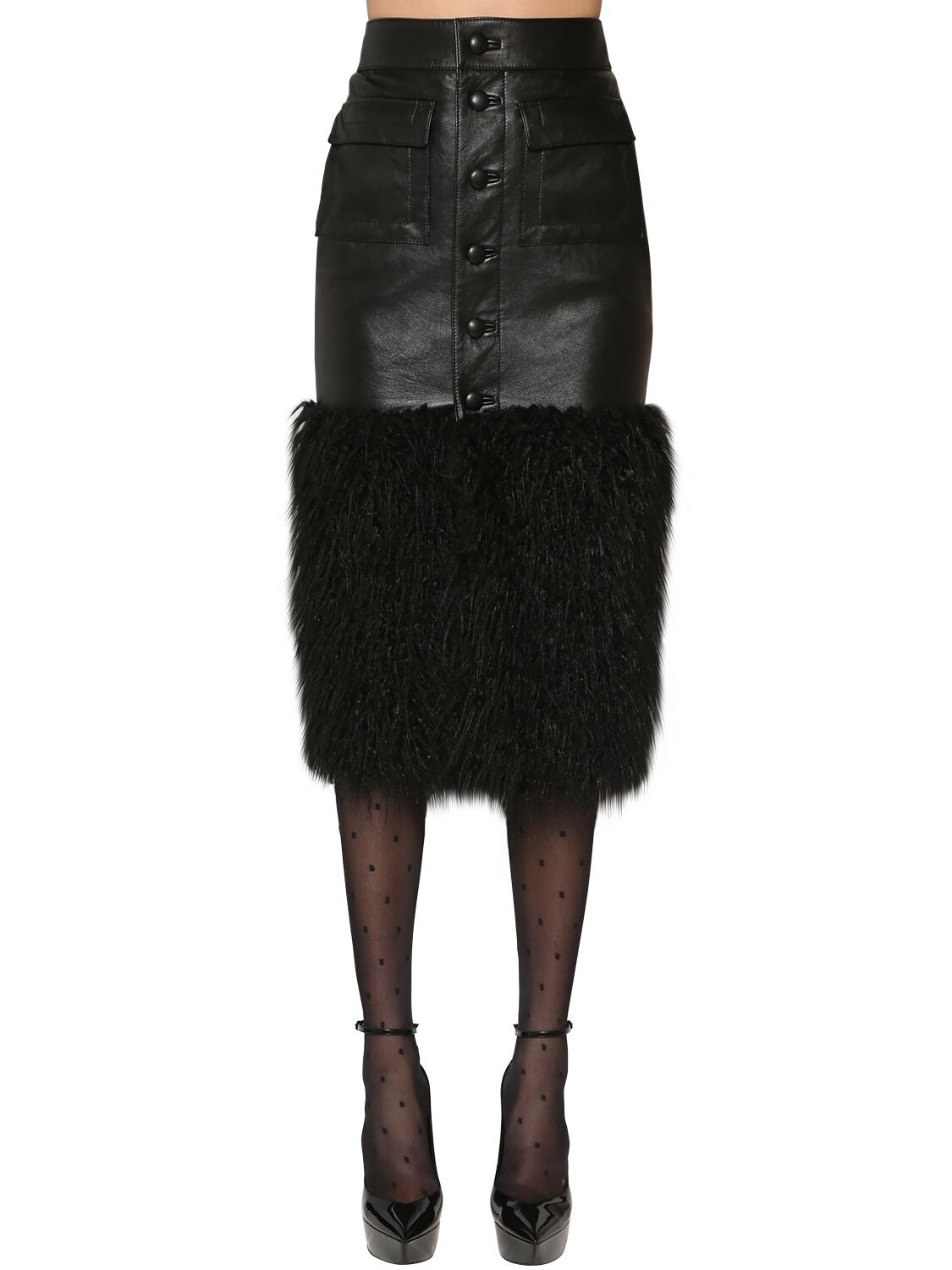 SAINT LAURENT FAUX FUR & LEATHER MIDI SKIRT,70I06C005-MTAWMA2