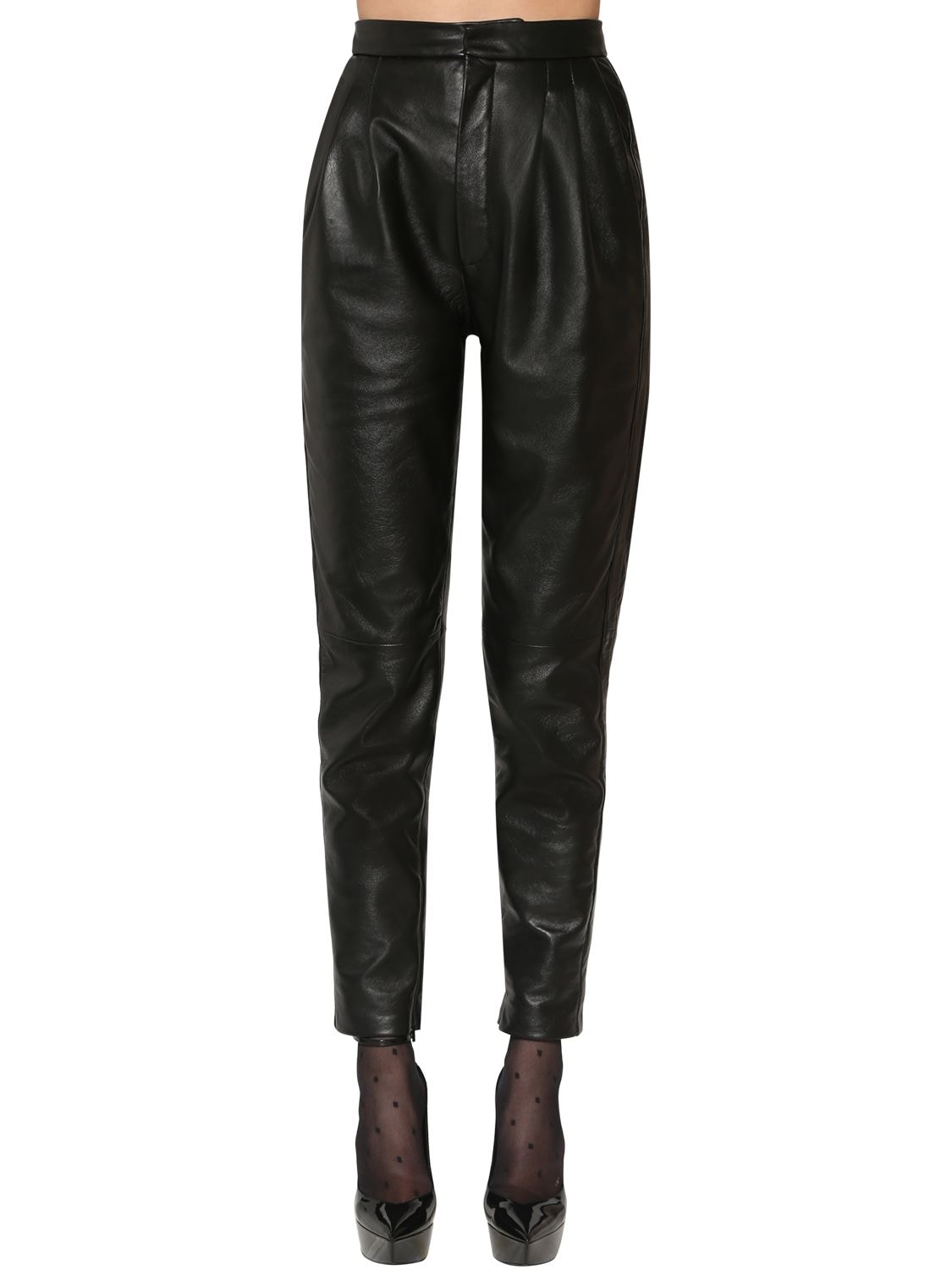 SAINT LAURENT 褶裥皮革长裤,70I06C023-MTAWMA2