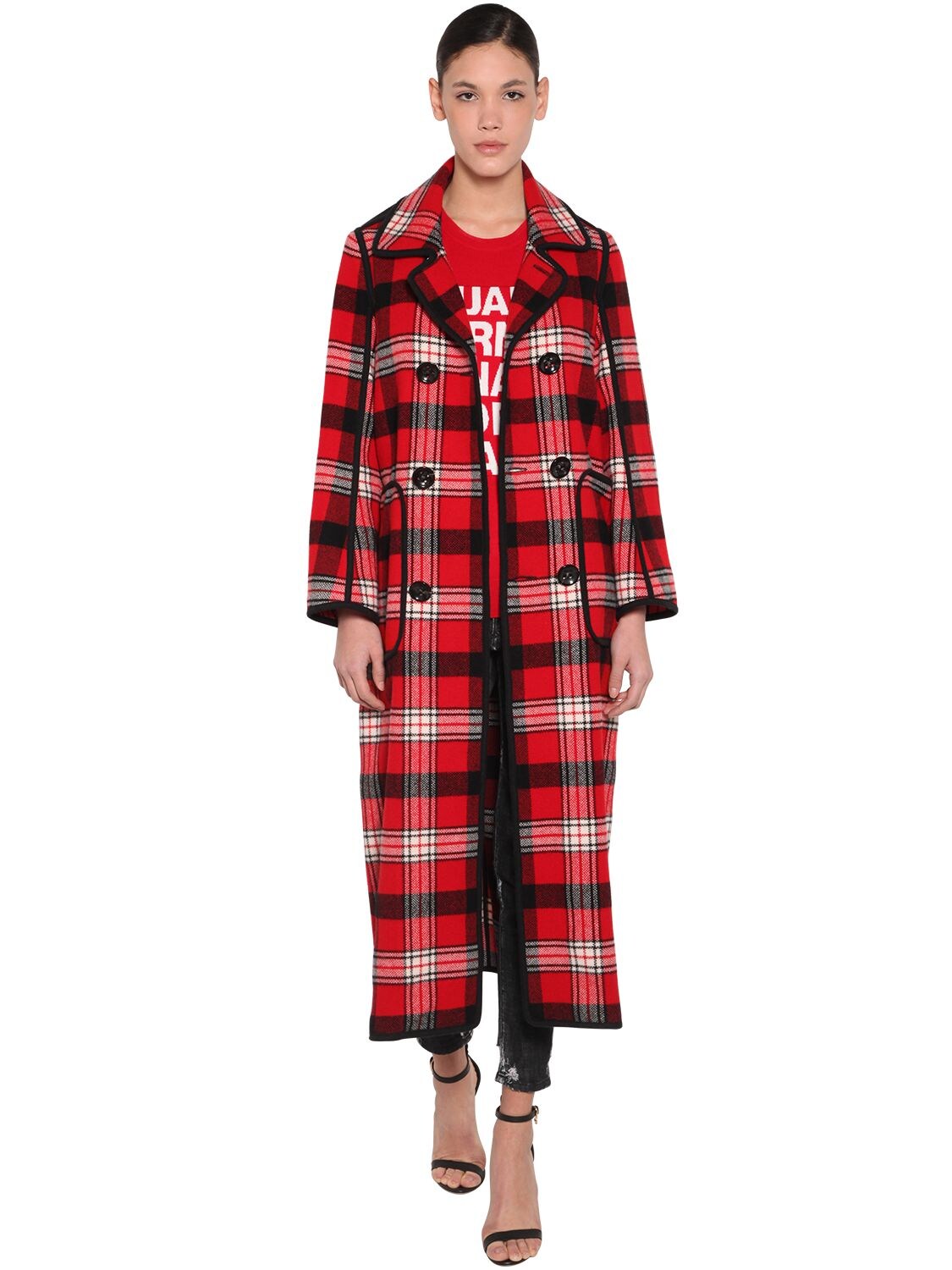 Dsquared2 Check Double Breast Wool Coat In Red,black
