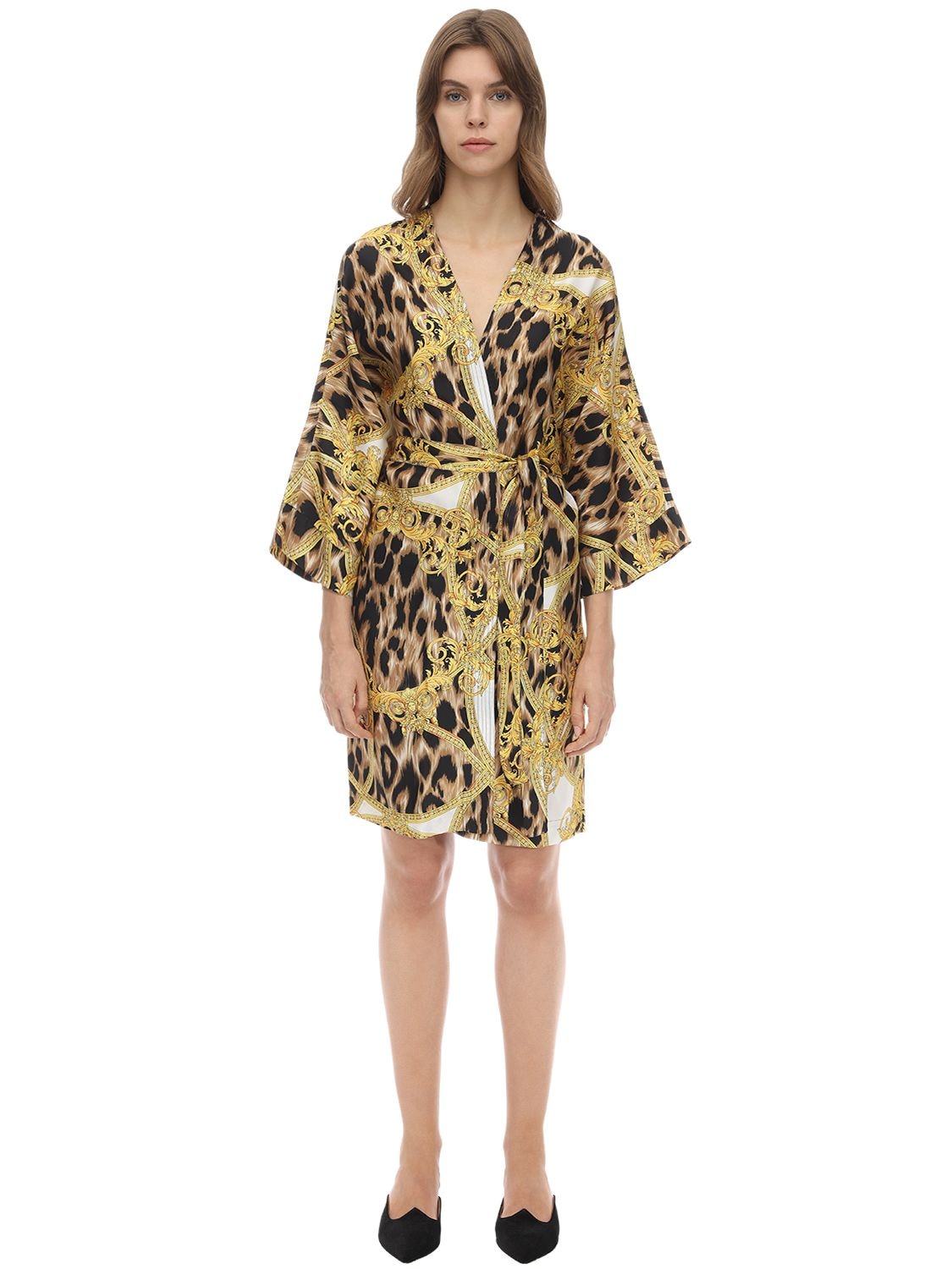 Versace Printed Silk Satin Night Gown In Multicolor