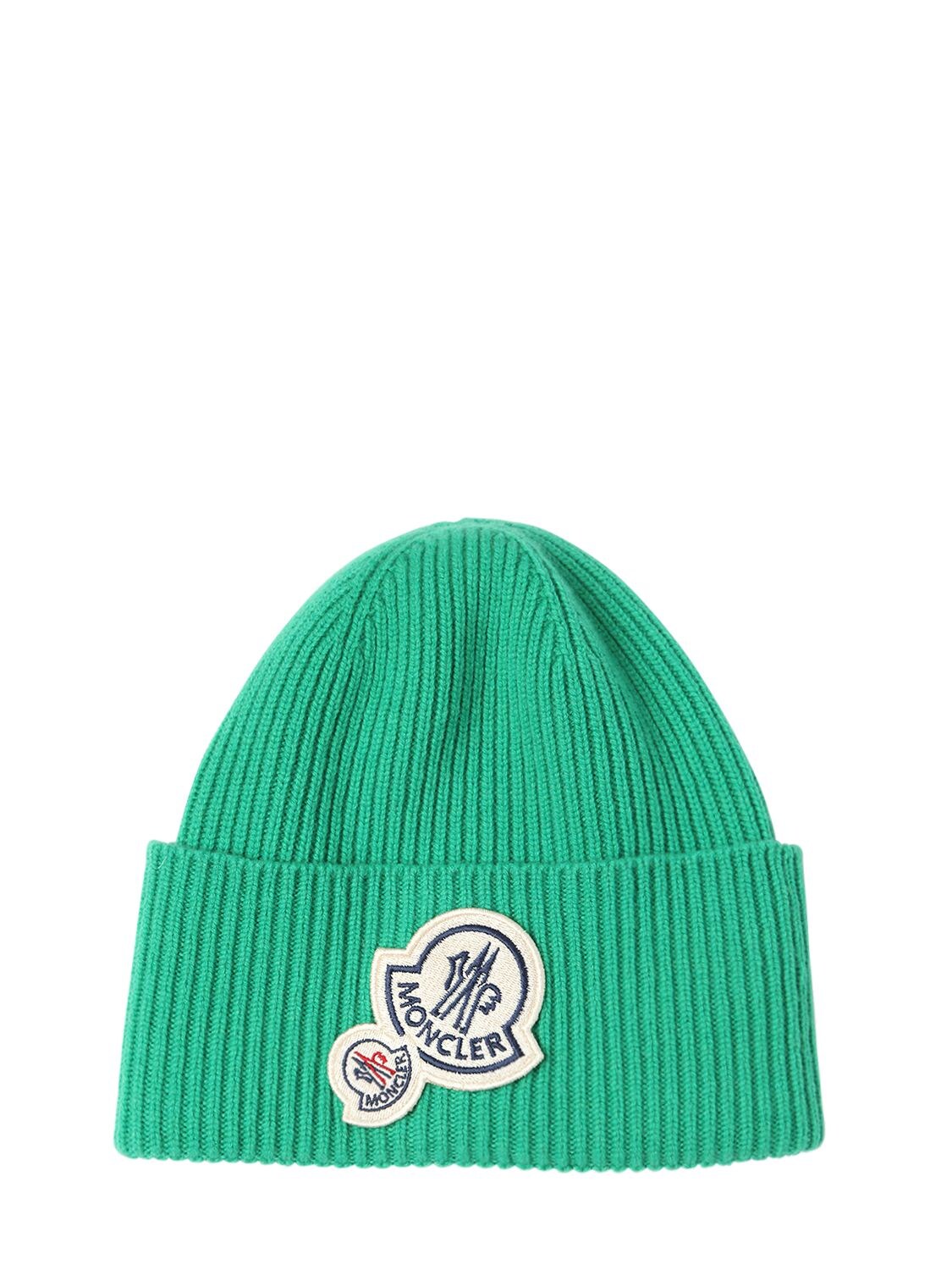 Moncler Wool & Cashmere Beanie W/ Double Patch In Green