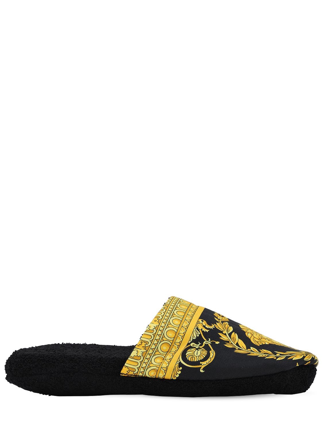 Versace Barocco & Robe Cotton Slippers In Black,gold