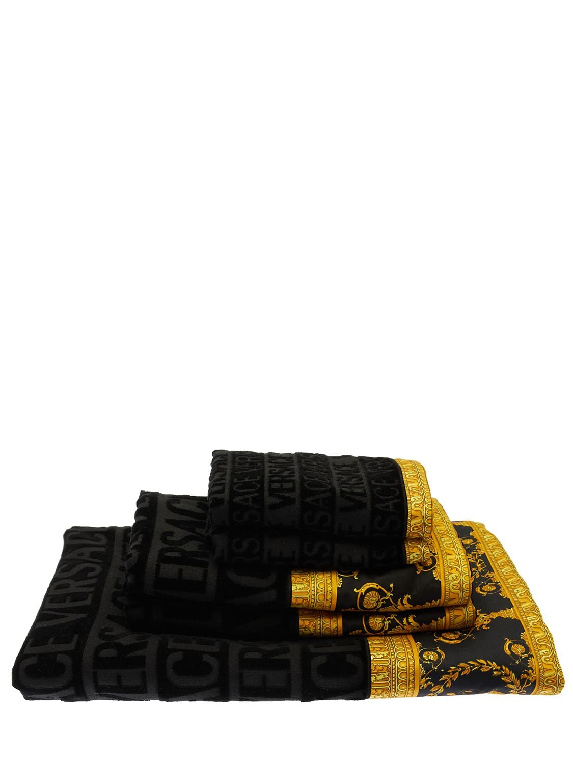 Versace Set Of 5 Barocco & Dressing Gown Cotton Towels In Black,gold