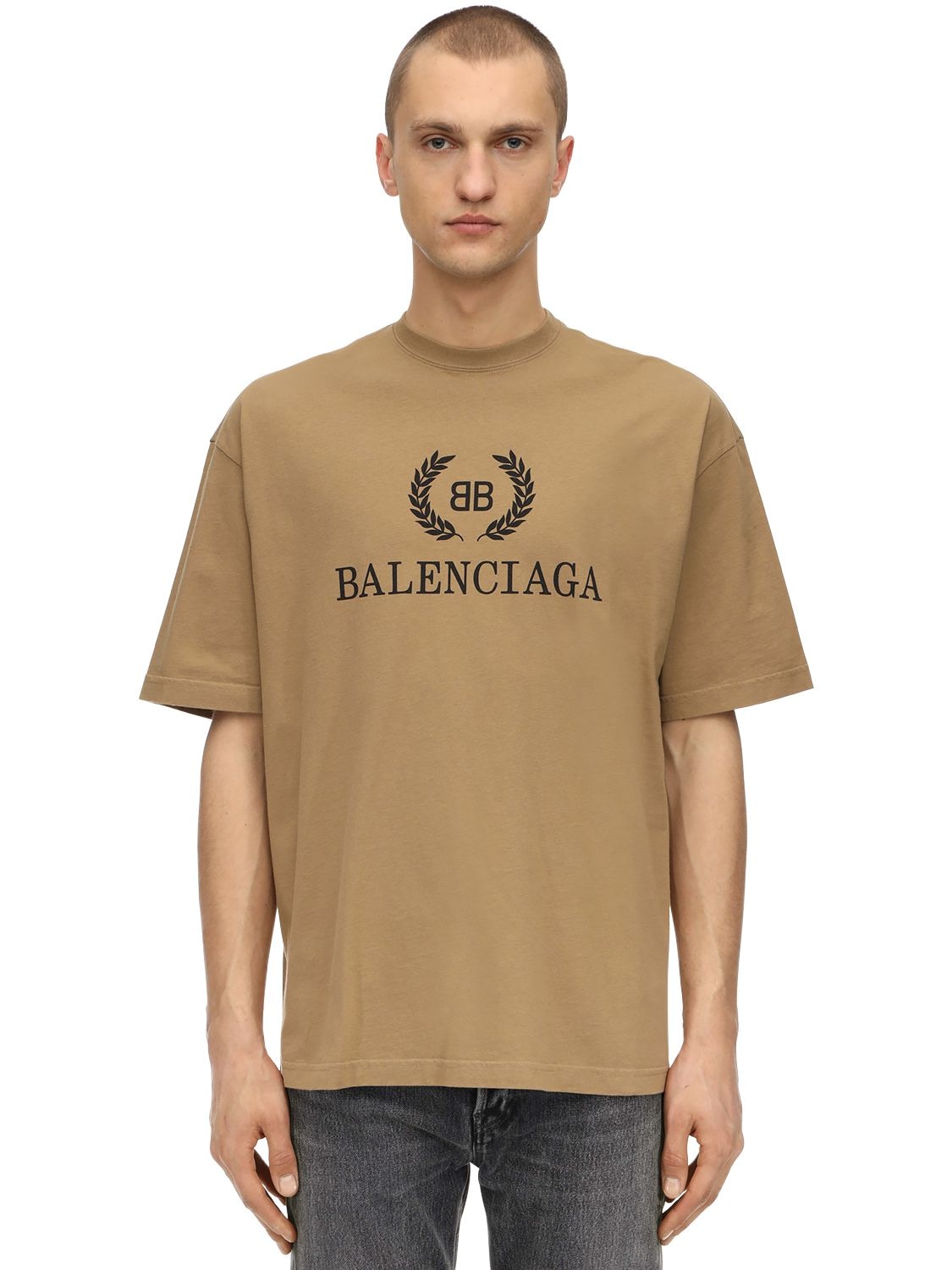 Balenciaga Laurier Logo Cotton Jersey T-shirt In Beige | ModeSens