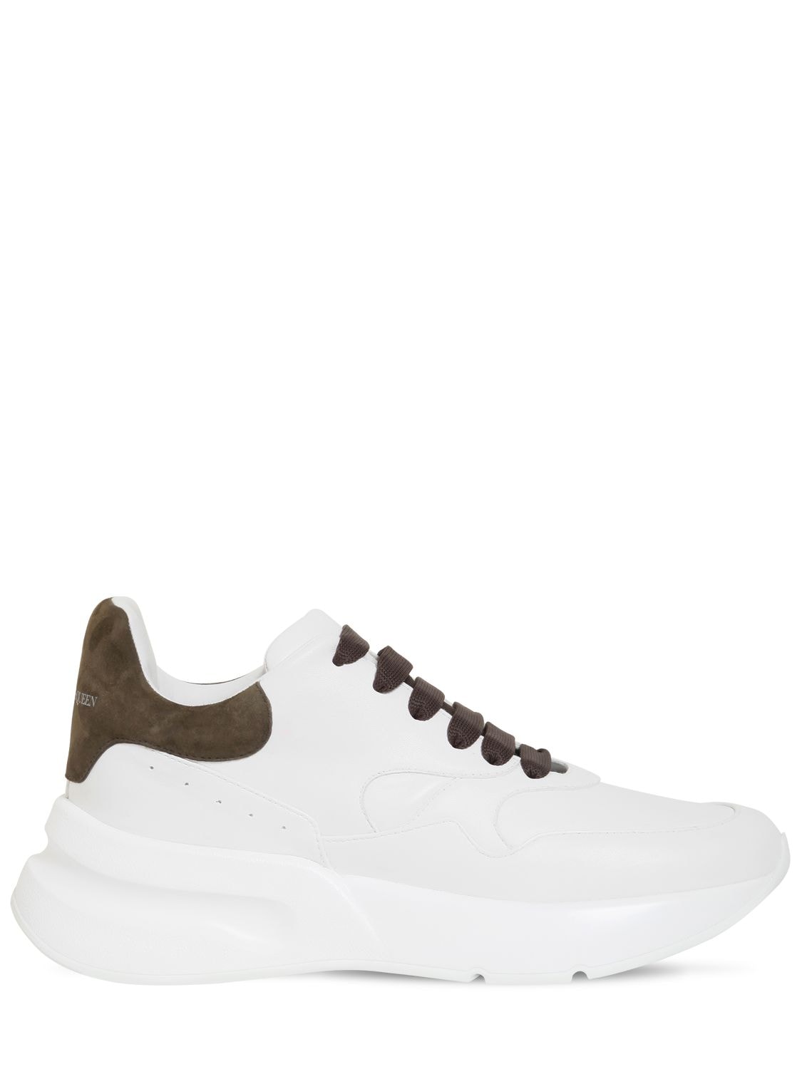 Alexander Mcqueen 50mm Leather Platform Runner Sneakers In White,khaki