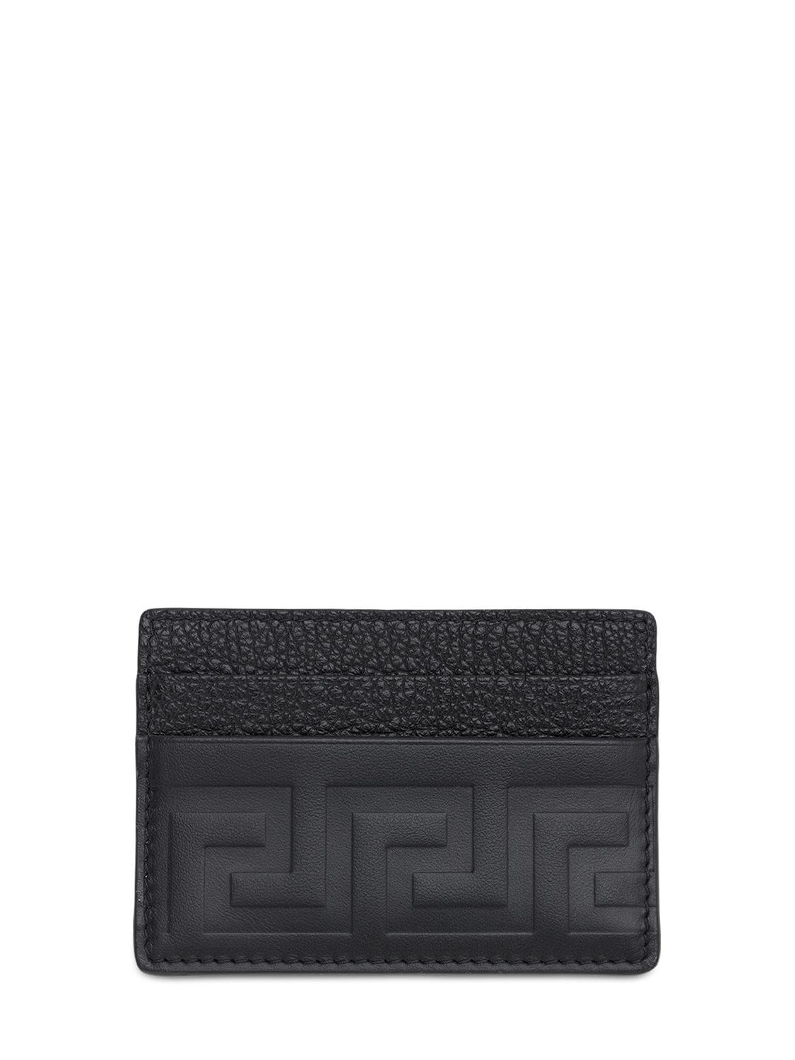 Versace Greca Embossed Leather Card Holder In Black