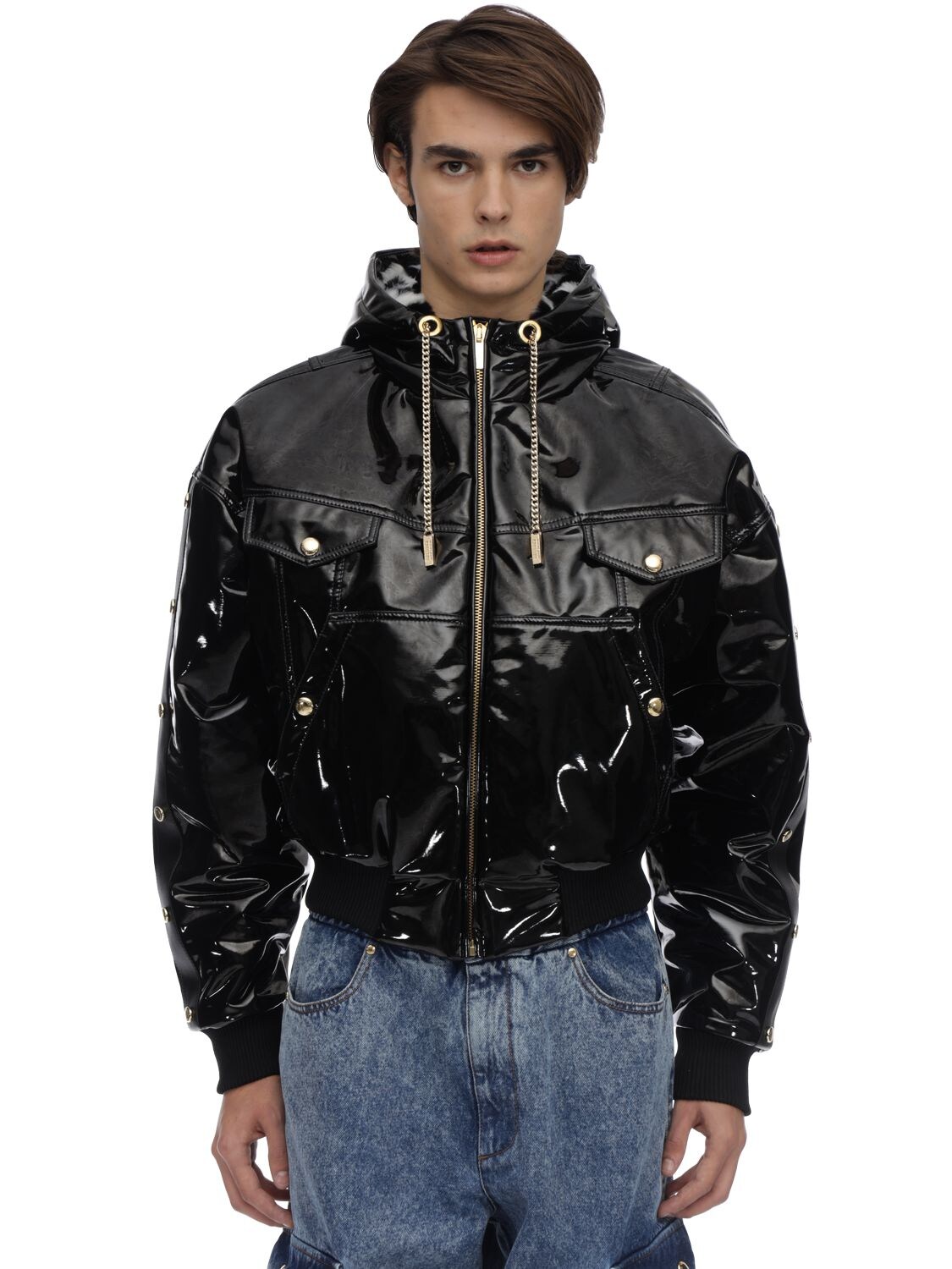 Versace Jeans Couture Vinyl Coated Bomber Jacket In Black