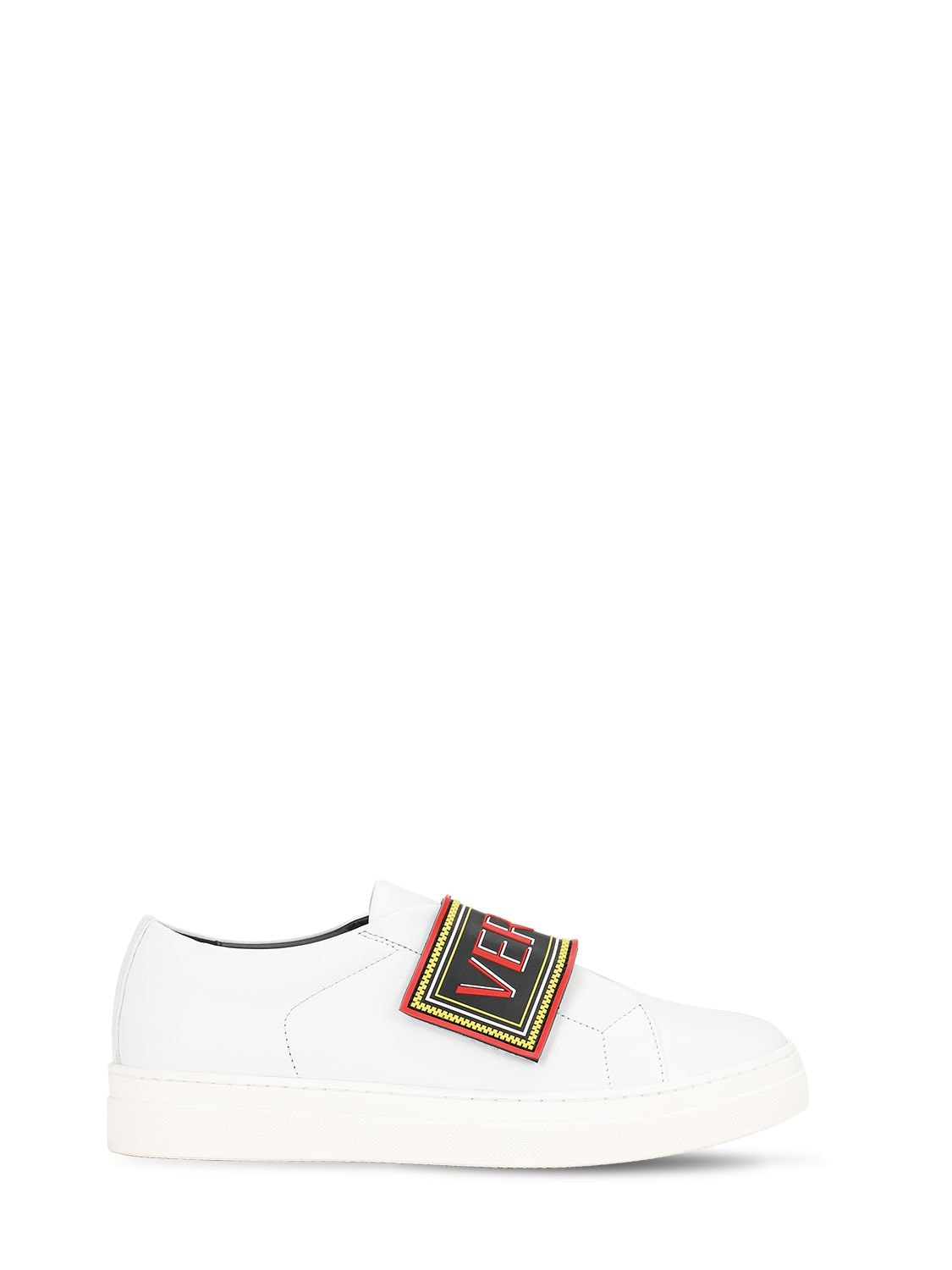 Versace Kids' Logo Strap Leather Sneakers In White