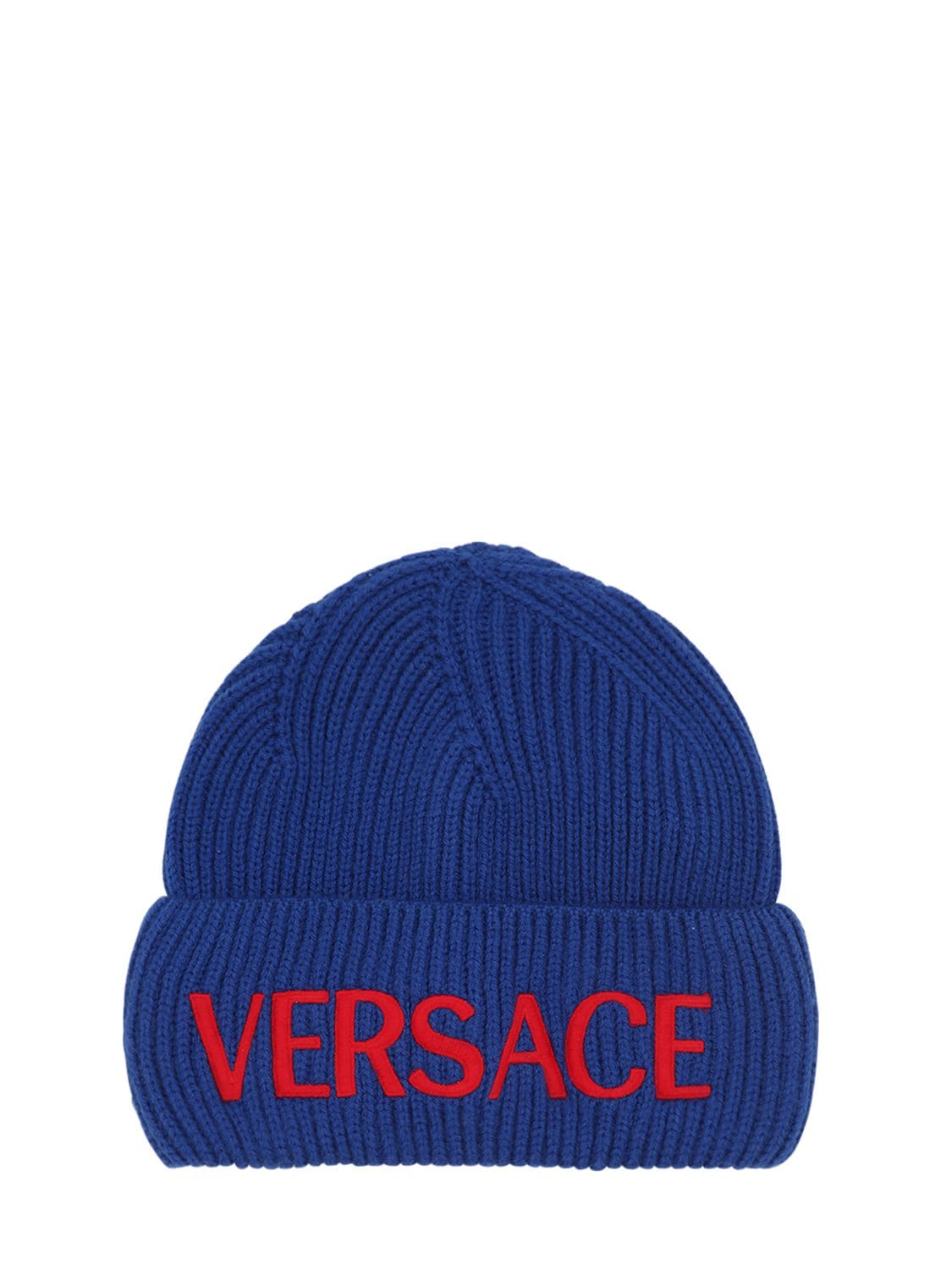 Versace Kids' Logo刺绣羊毛针织帽 In Blue