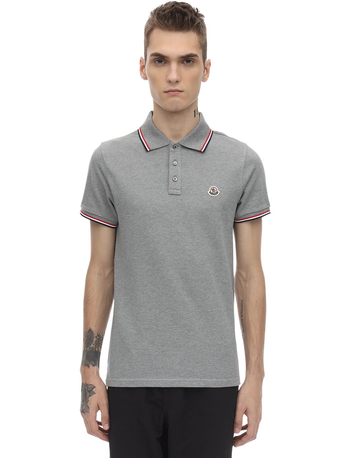 Moncler Logo Patch Cotton Piqué Polo Shirt In Grey