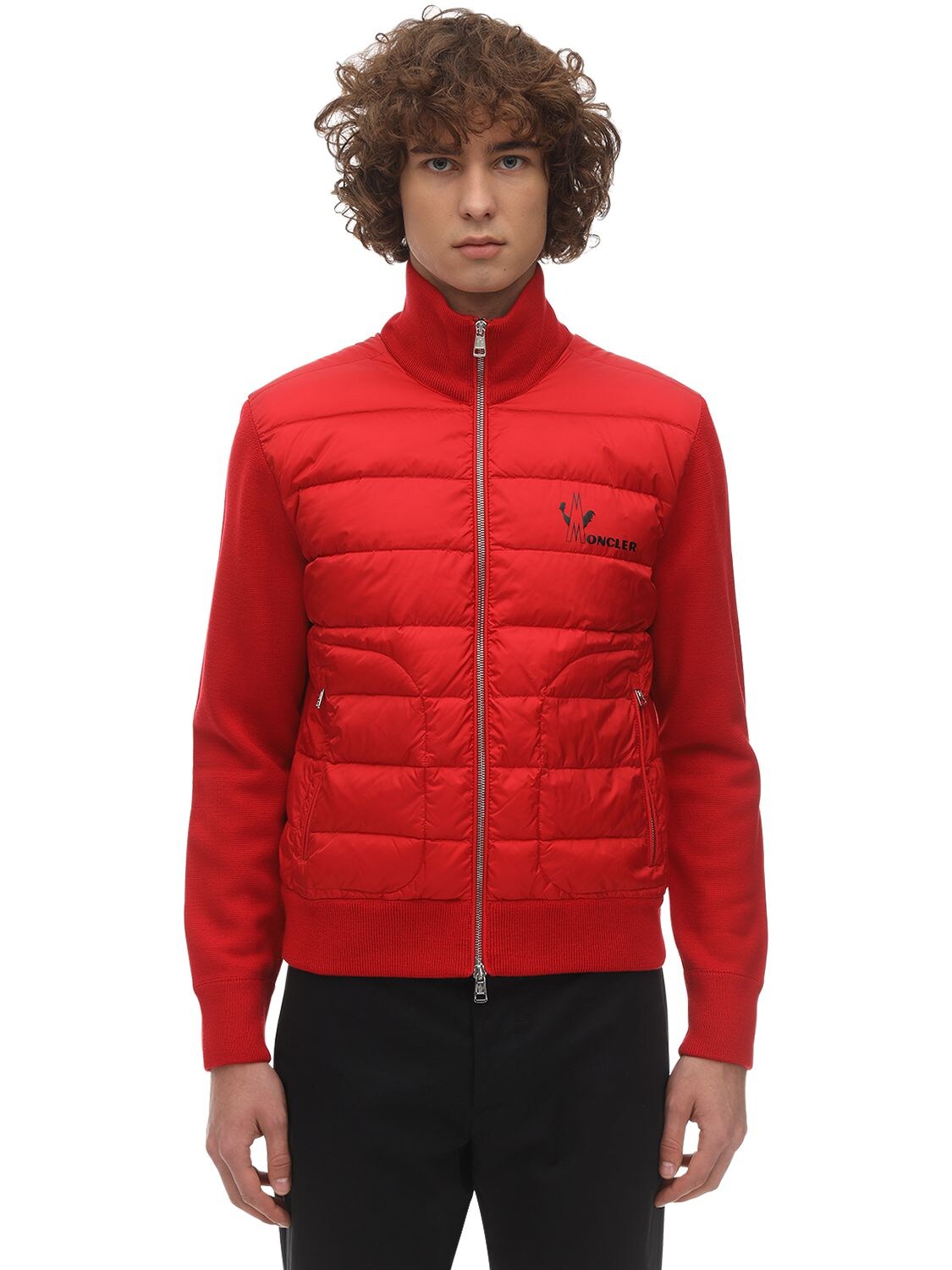 Moncler Tricot Knit & Nylon Down Jacket In Red