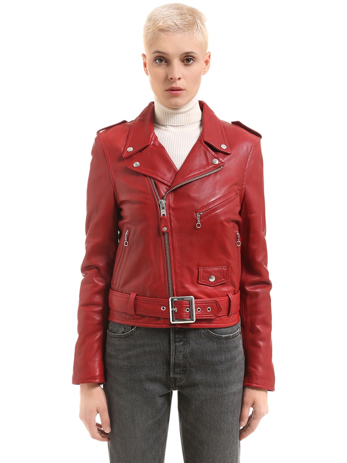 Schott Perfecto Leather Biker Jacket In Red