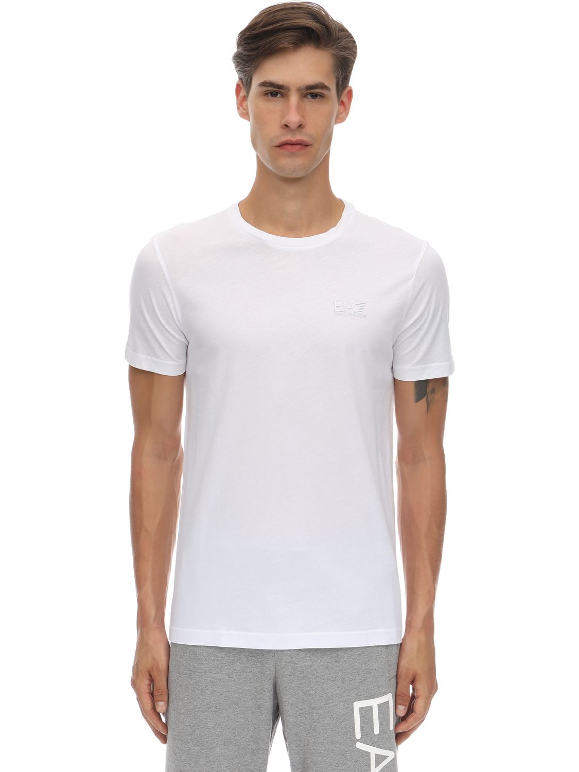 Ea7 Train Logo Cotton Jersey T-shirt In White