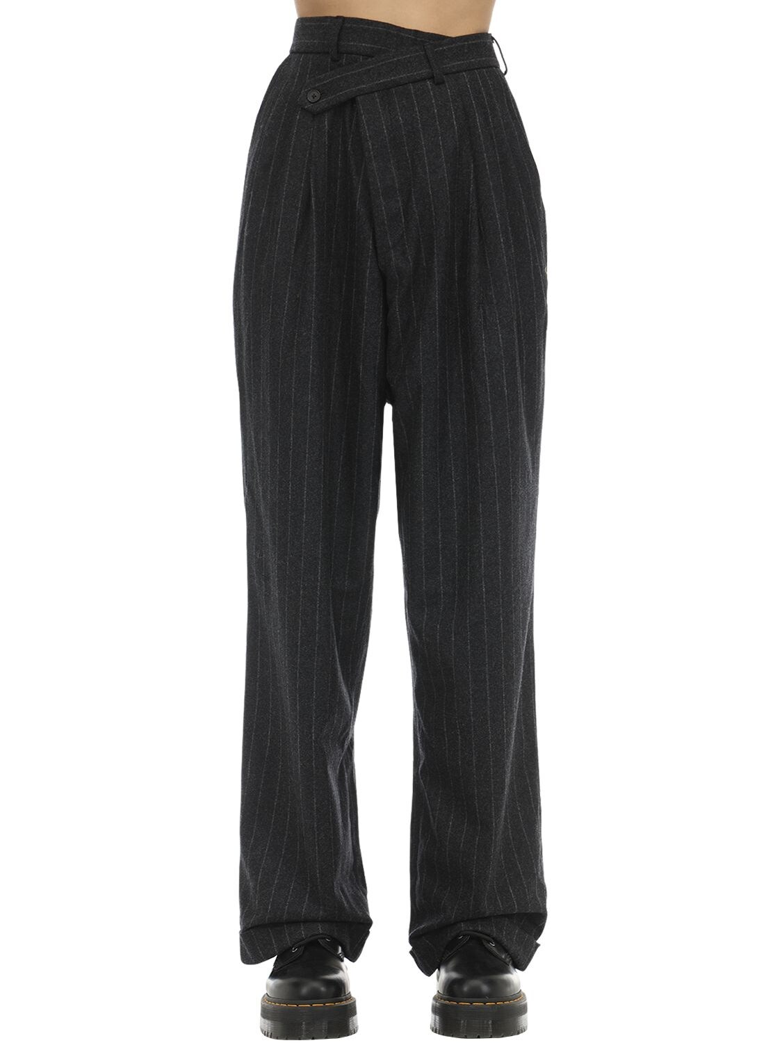 R13 Pinstriped Crossover Wool Blend Pants In Black,white