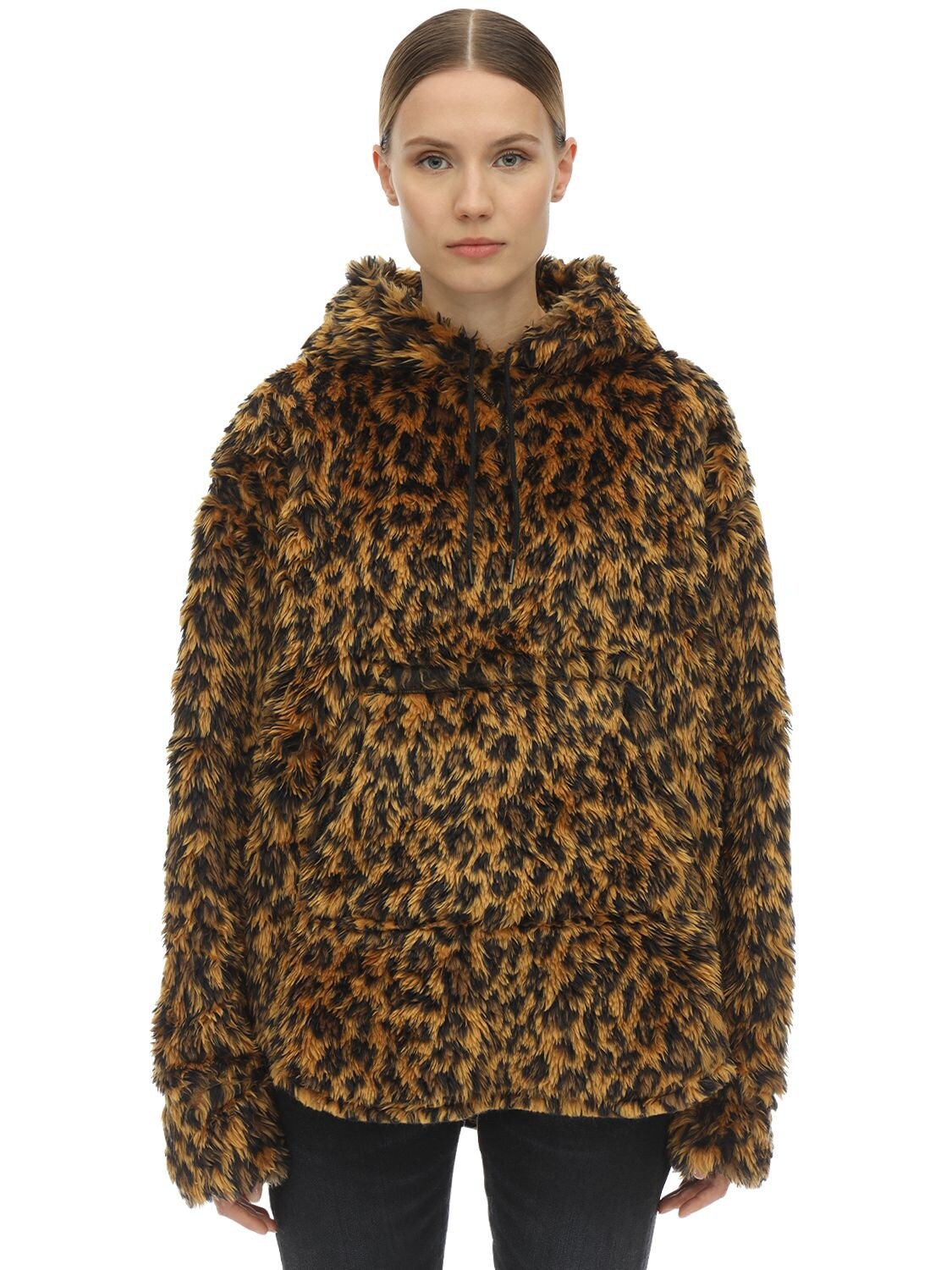R13 Hooded Fuzzy Faux Fur Jacket In Leopard