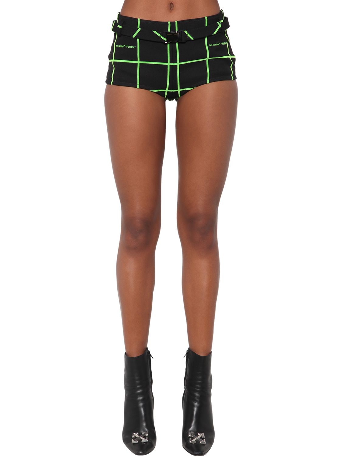 OFF-WHITE BELTED CHECK FLOCKED CREPE HOT PANTS,70I4T8014-MTAWMA2