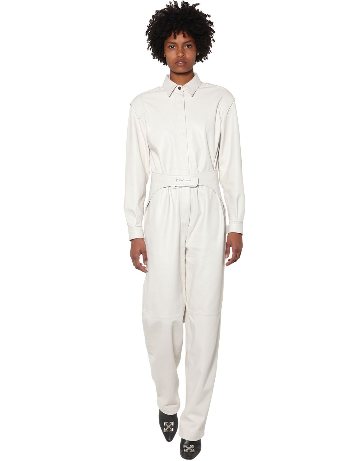 OFF-WHITE LONG SLEEVE BELTED LEATHER JUMPSUIT,70I4T8046-NDGWMA2