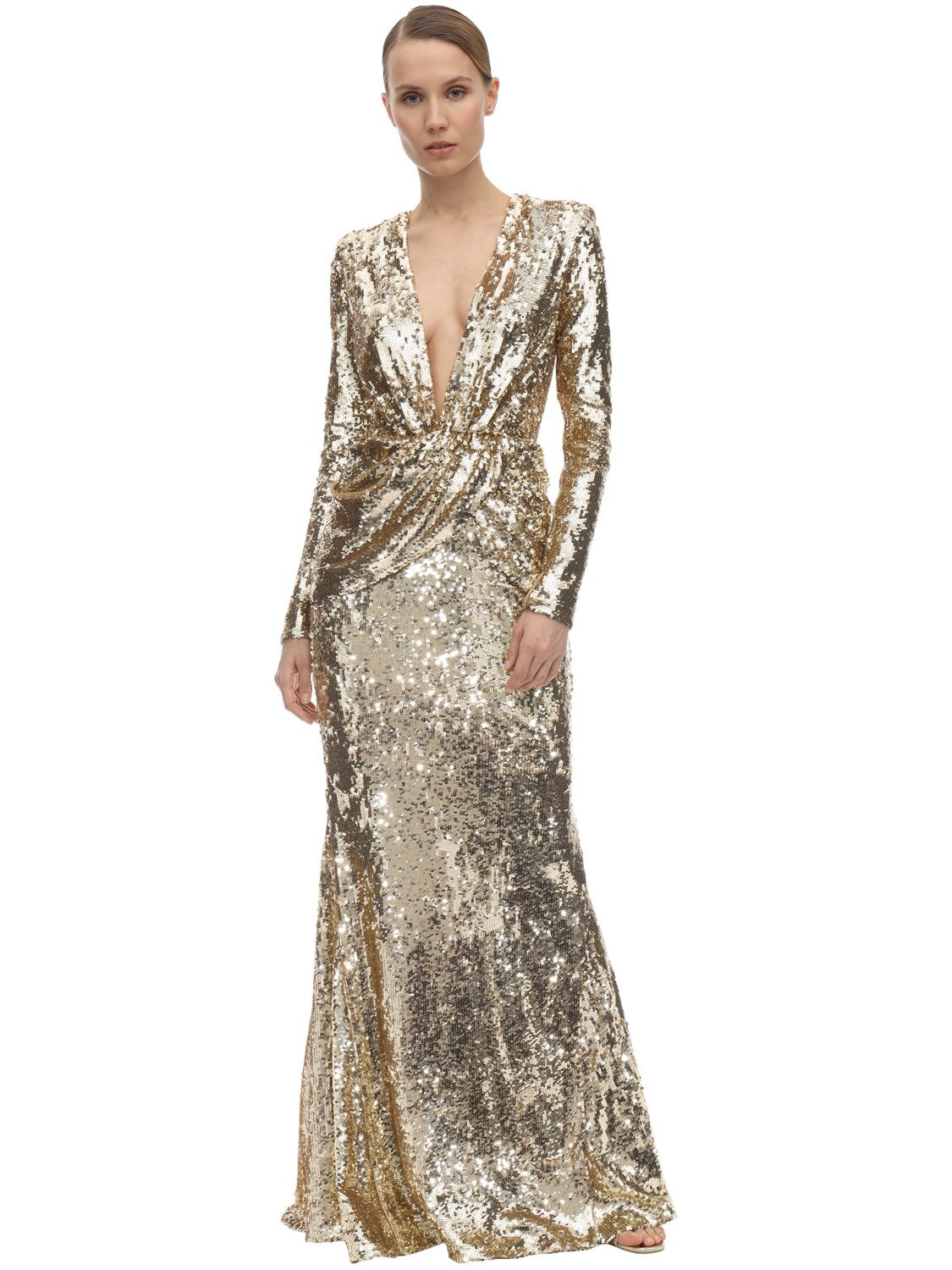 Amen Black Long Sequin Embellished Dress In Gold