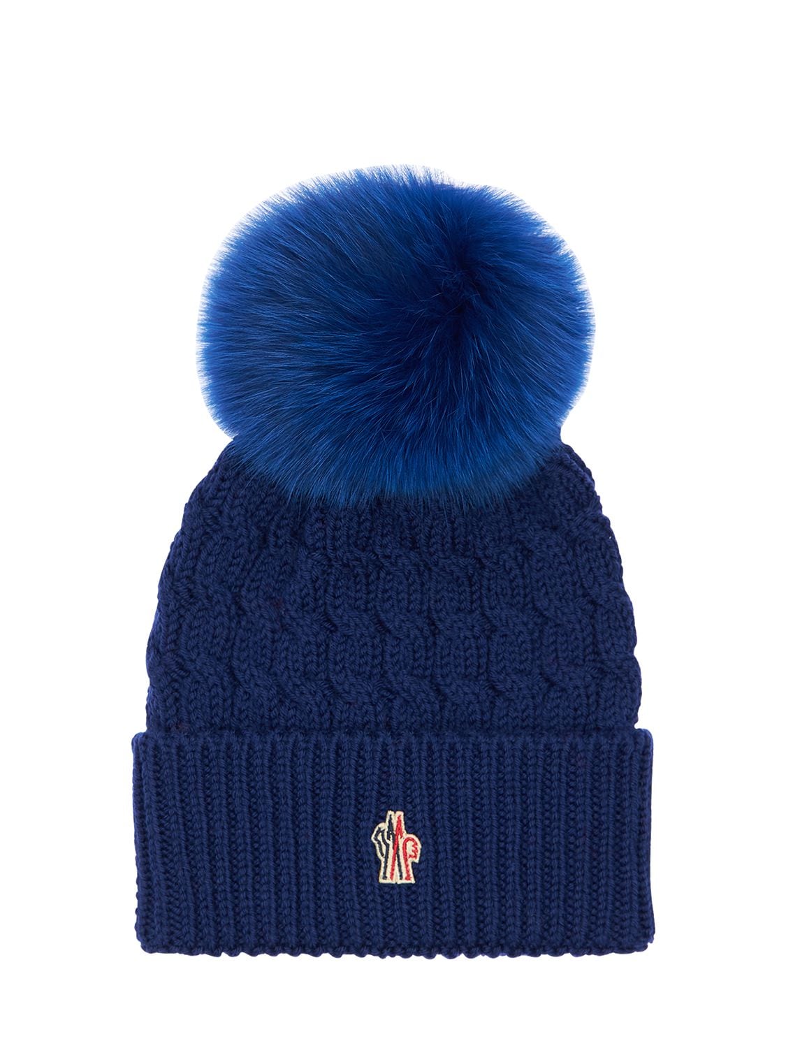 Moncler Wool Cable Knit Hat W/ Pom Pom In Dark Blue
