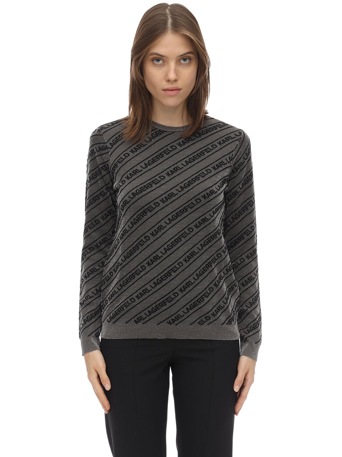 Karl Lagerfeld Logo Lurex Intarsia Mohair Blend Sweater In Grey