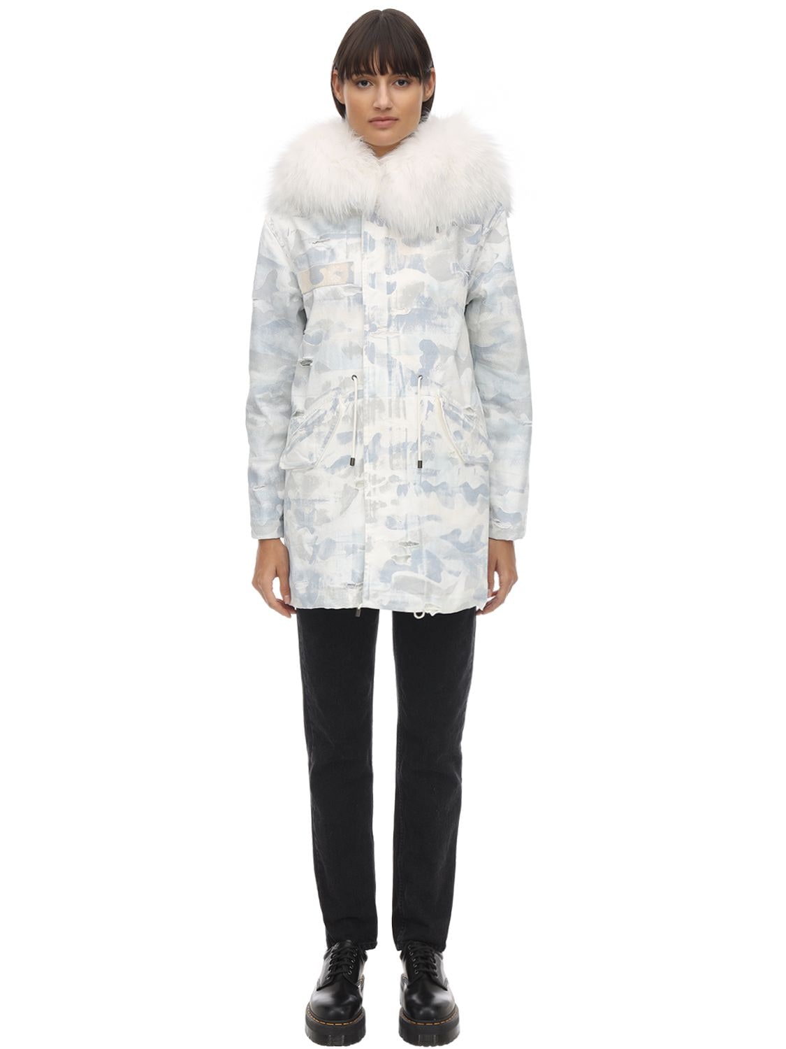Mr & Mrs Italy Reversible Denim Down Jacket W/ Fur In White Camuflage
