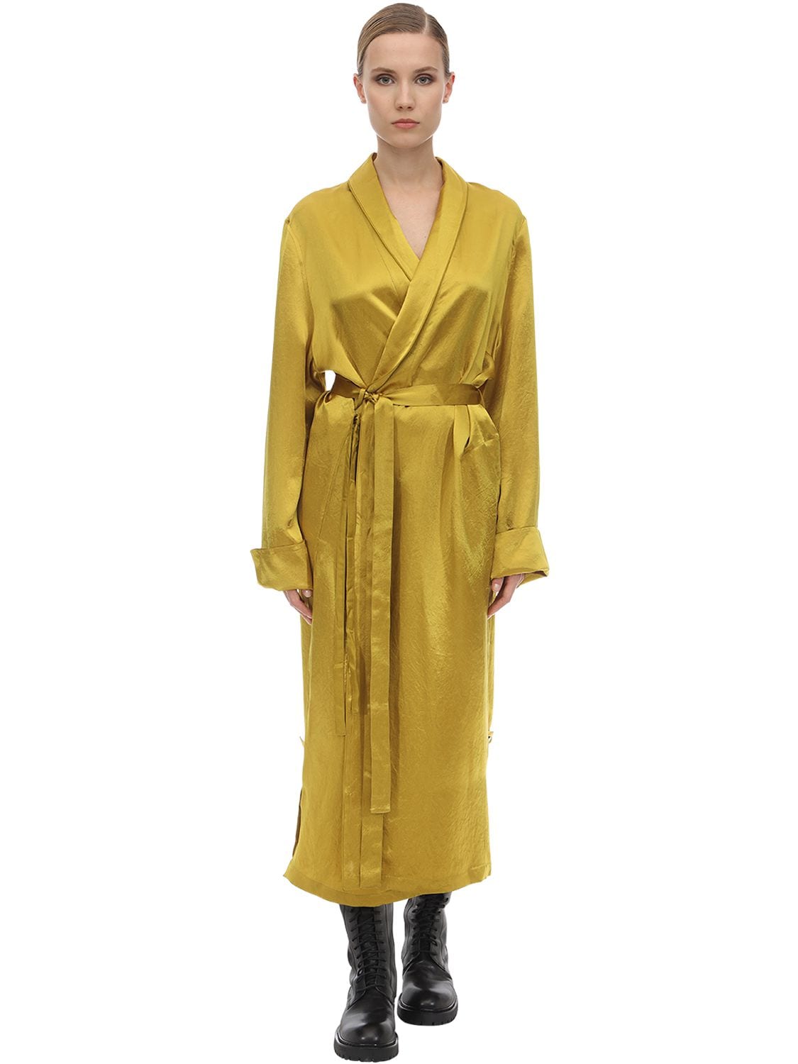Ann Demeulemeester Belted Satin Coat In Yellow