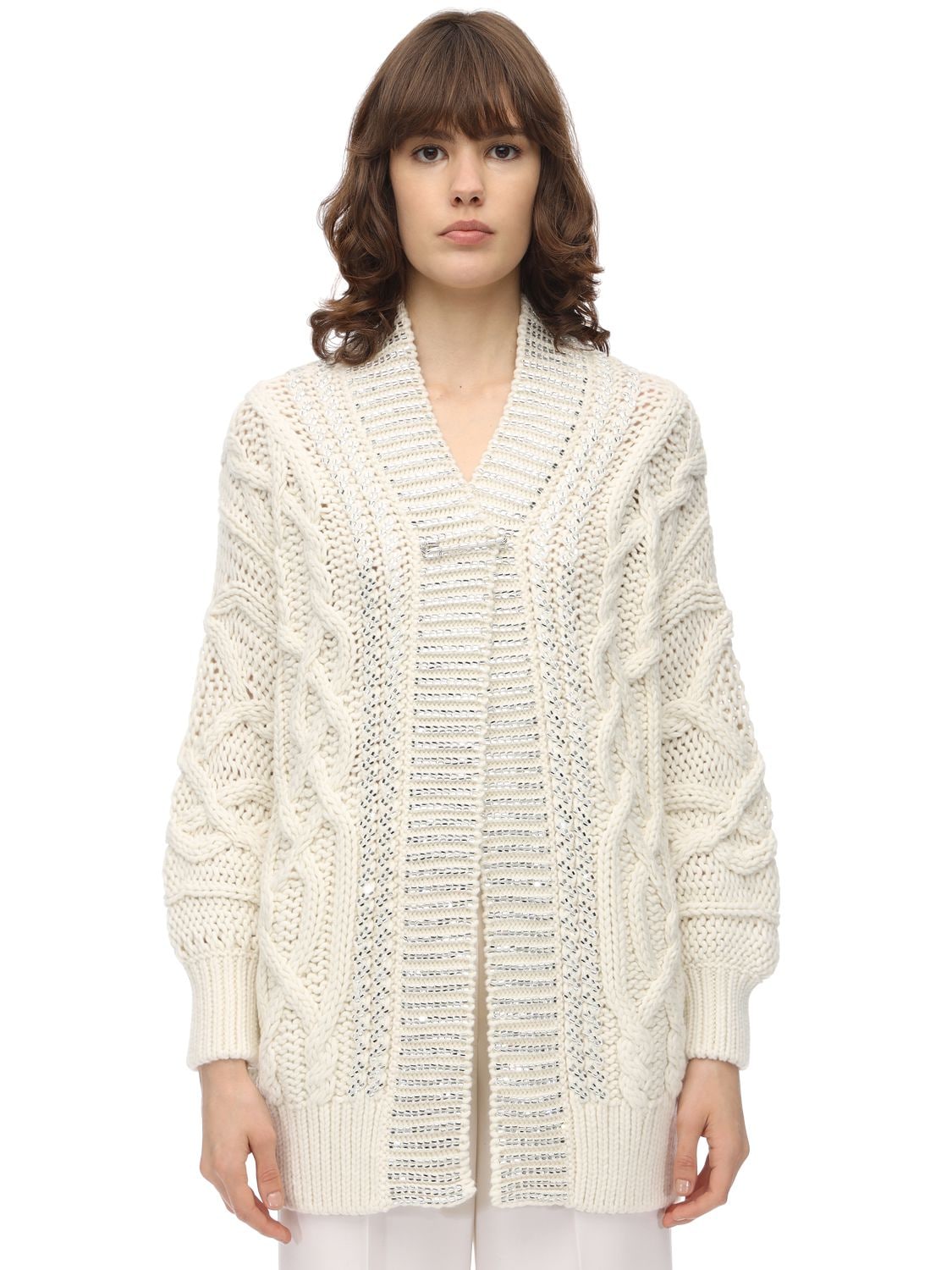 Ermanno Scervino Oversized Wool Blend Knit Cardigan In Ivory