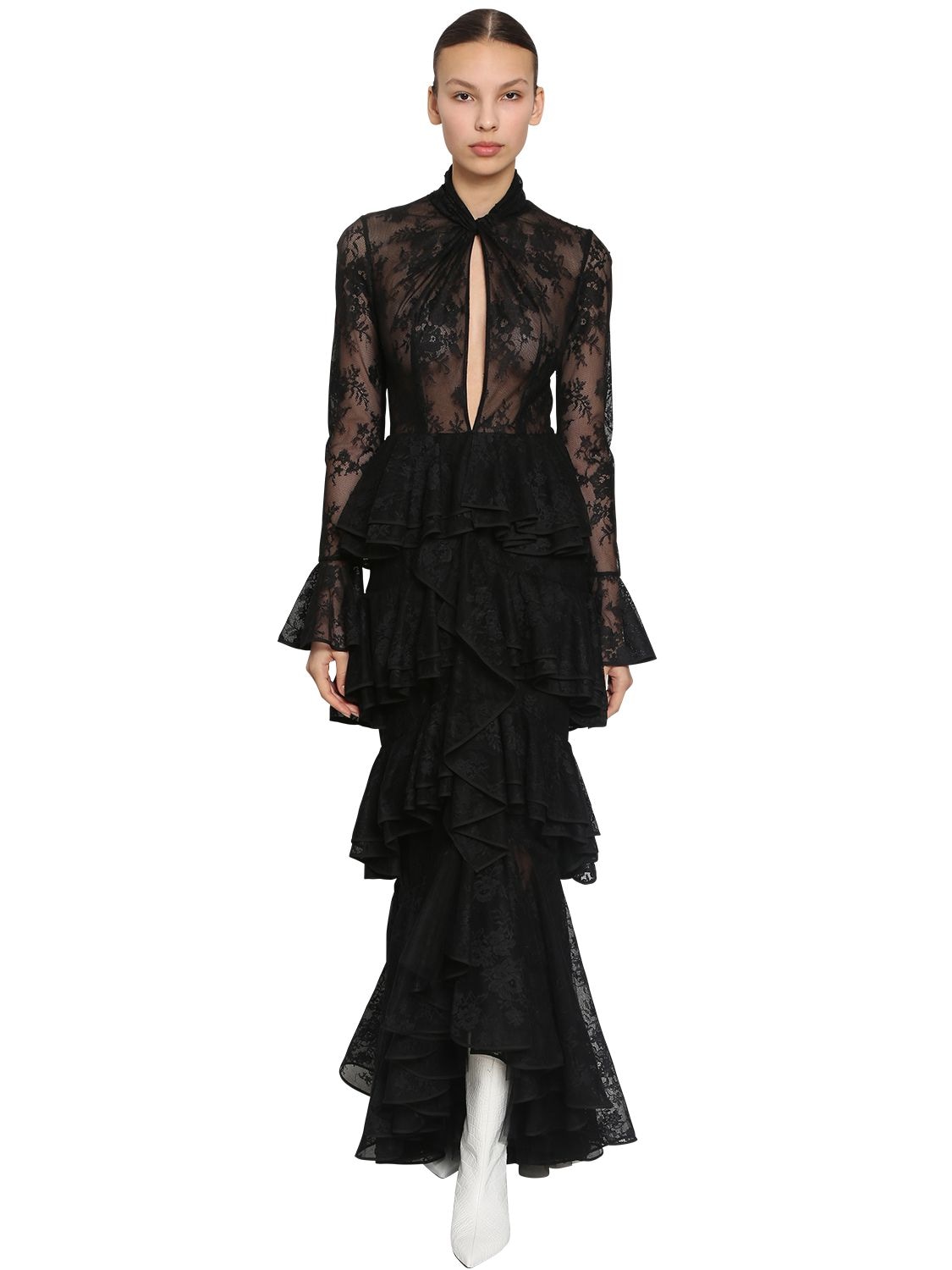 Ingie Paris Long Ruffled Lace Dress In Black