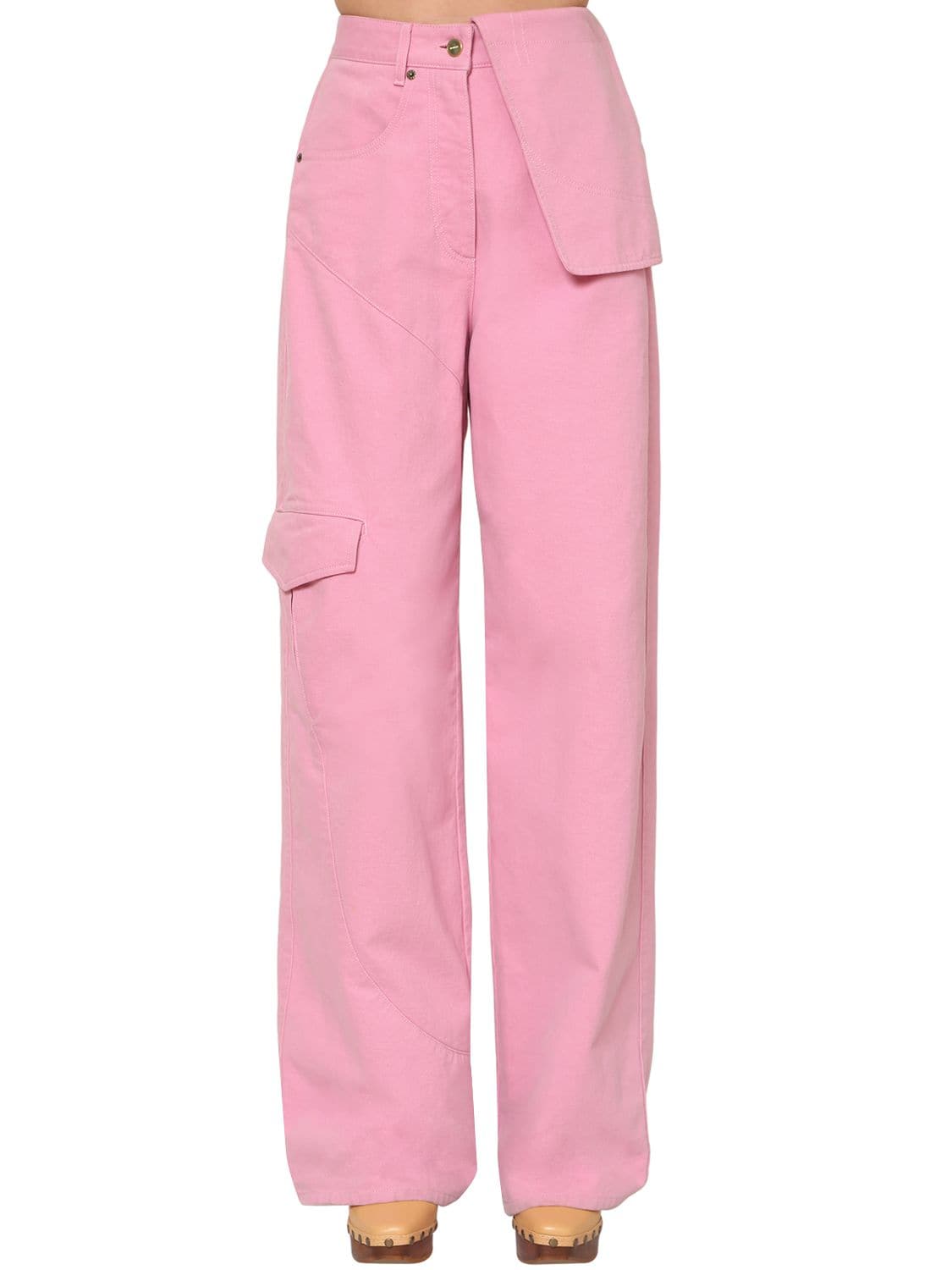 Jacquemus High Waist Cotton Denim Cargo Pants In Pink